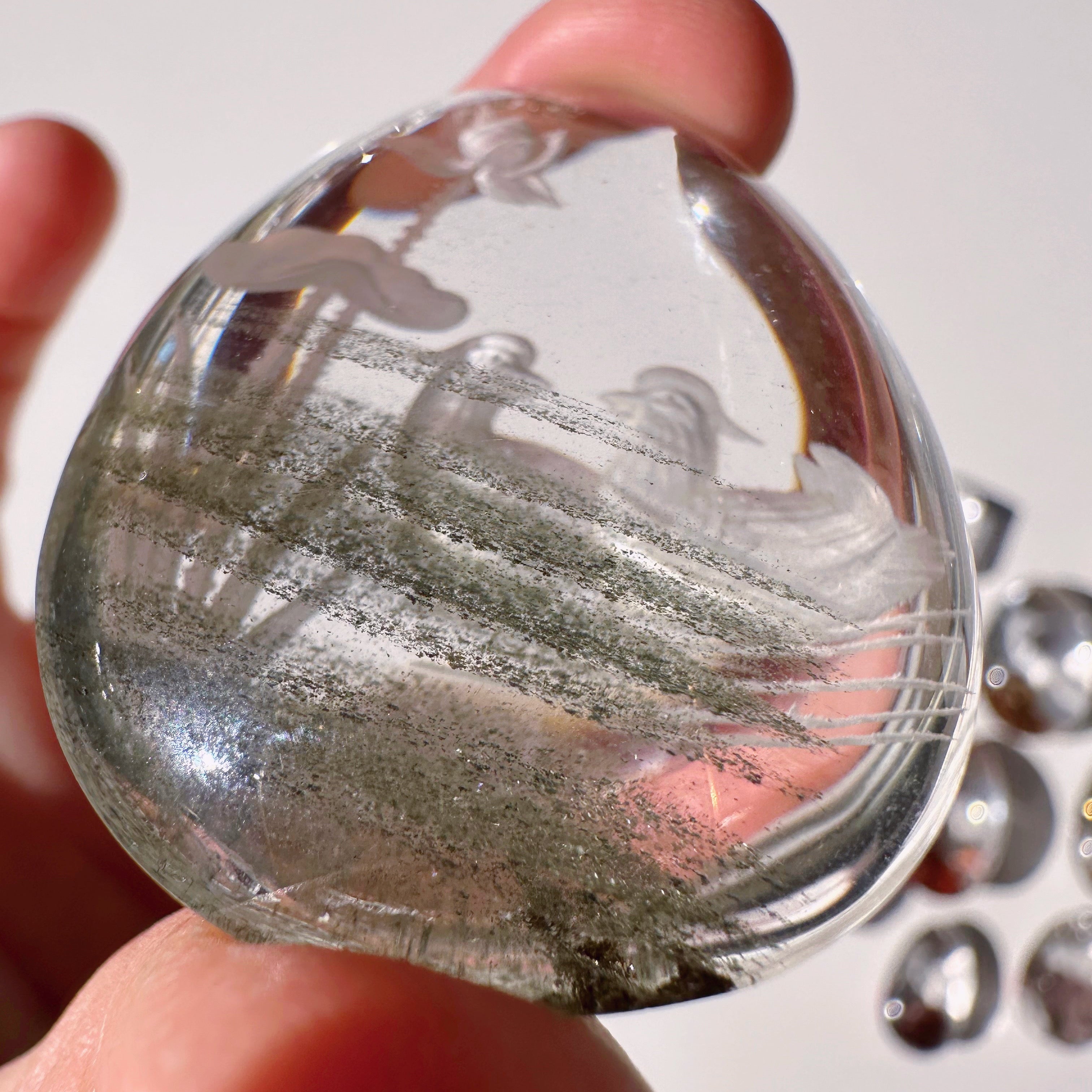 Intaglio Carved Love Birds in a the water Chlorite Quartz/Garden Quartz Cabochon Baltic Mermaid