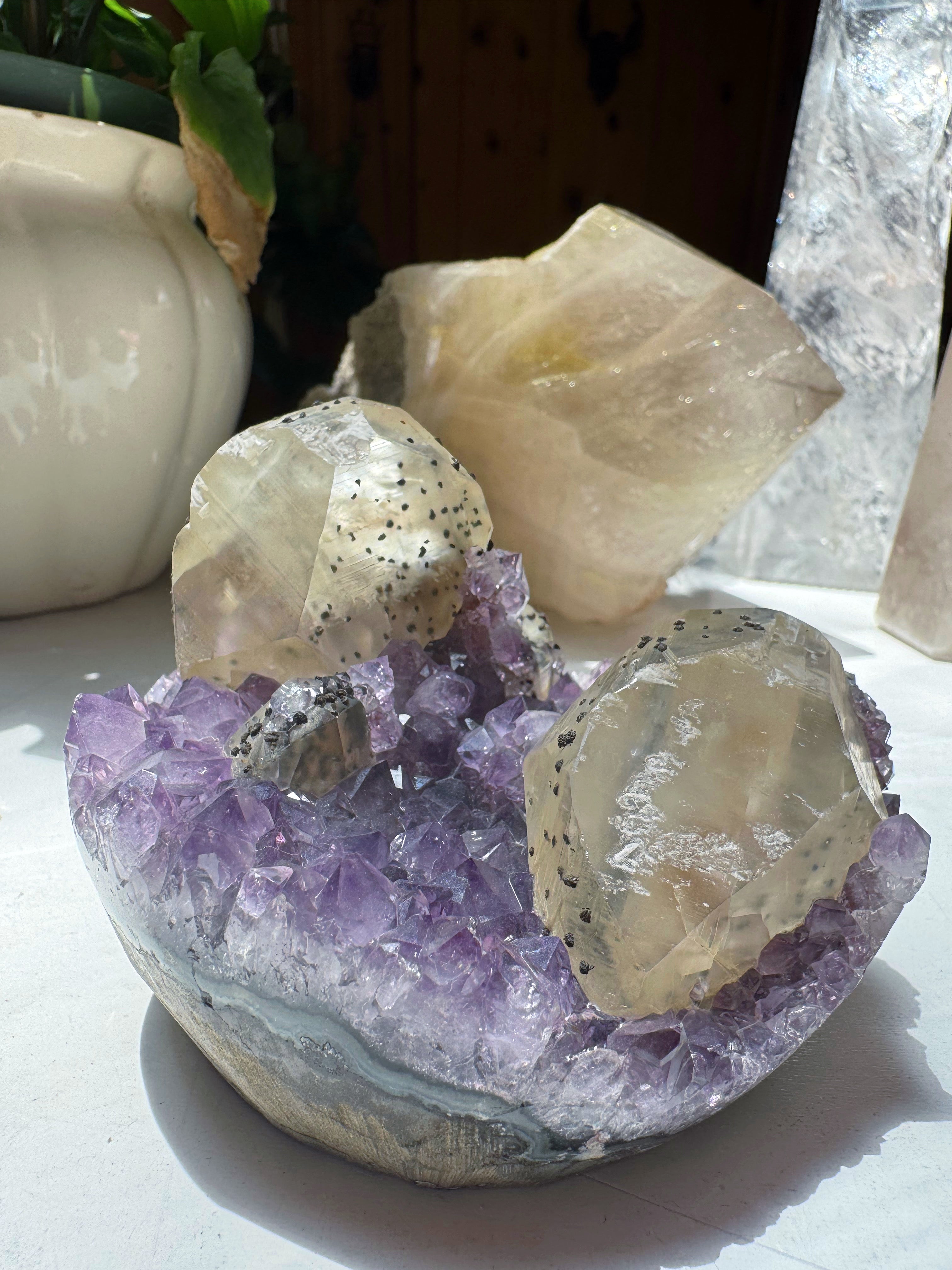 Amethyst Cluster w/ Calcite & Goethite from Uruguay Baltic Mermaid