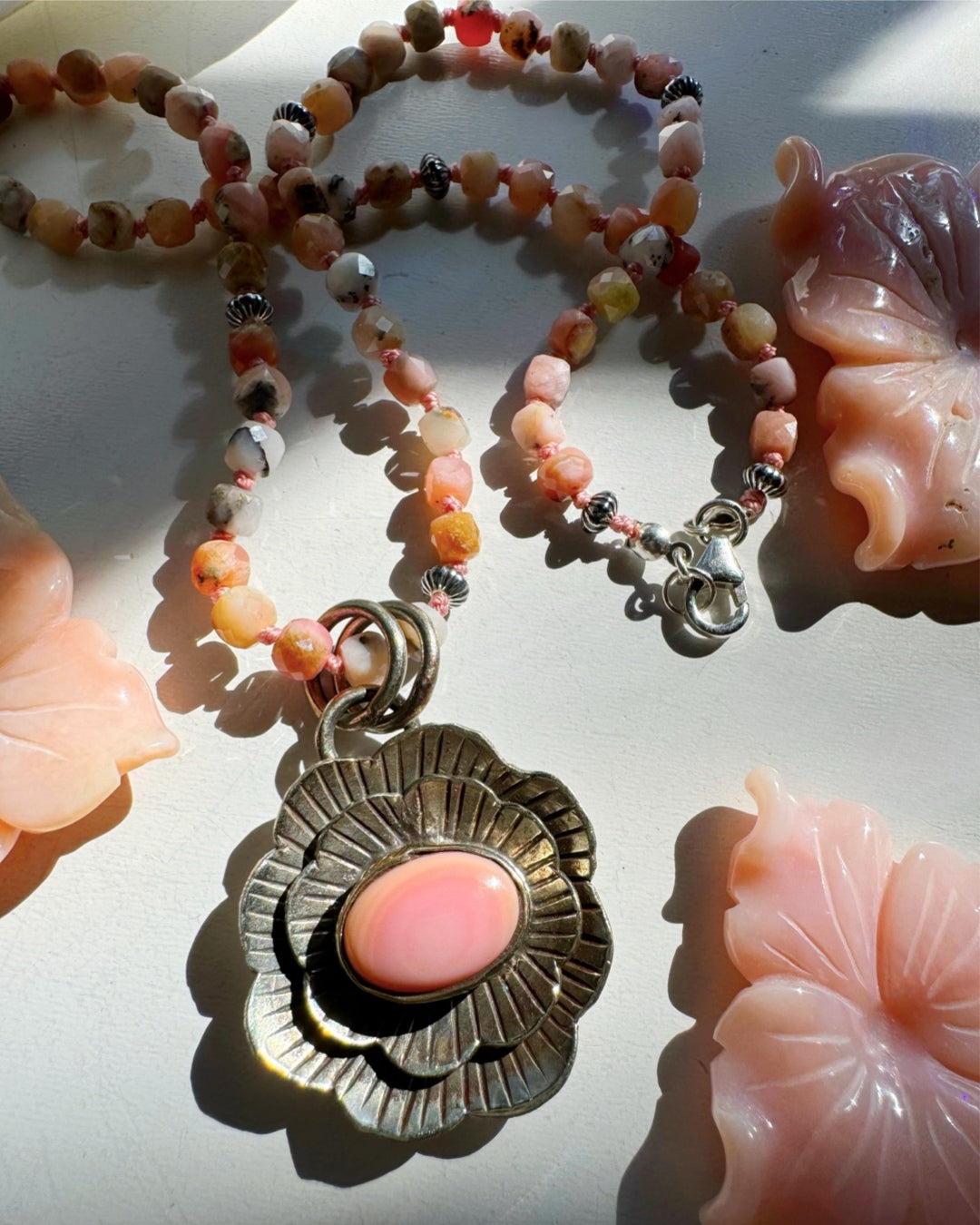 “Chelsea” - Pink Opal & Sterling Silver Necklace w/ Flower Conch Pewter Pendant - Baltic Mermaid