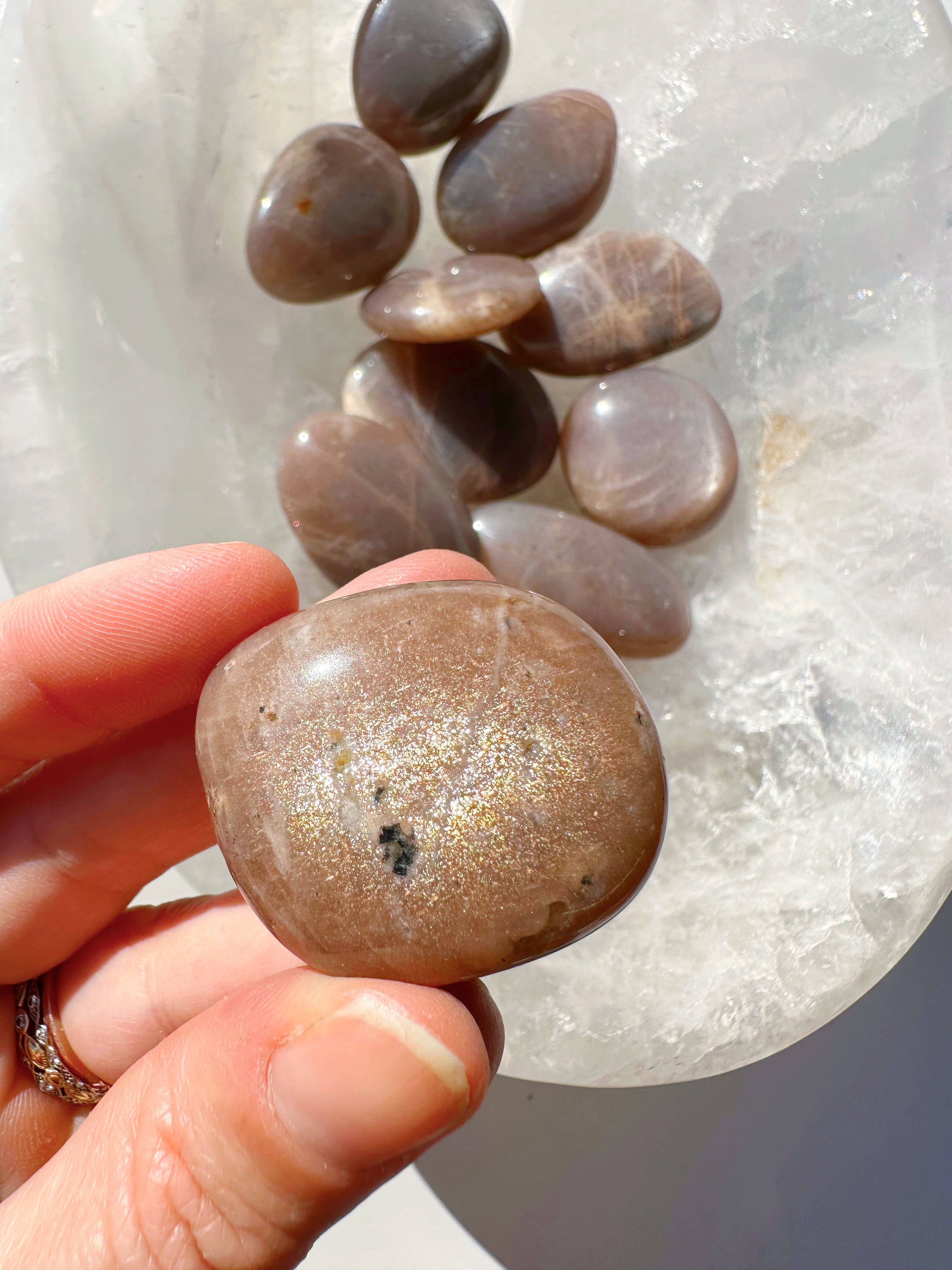 Sunstone & Peach Moonstone Palm Stone - G - Baltic Mermaid