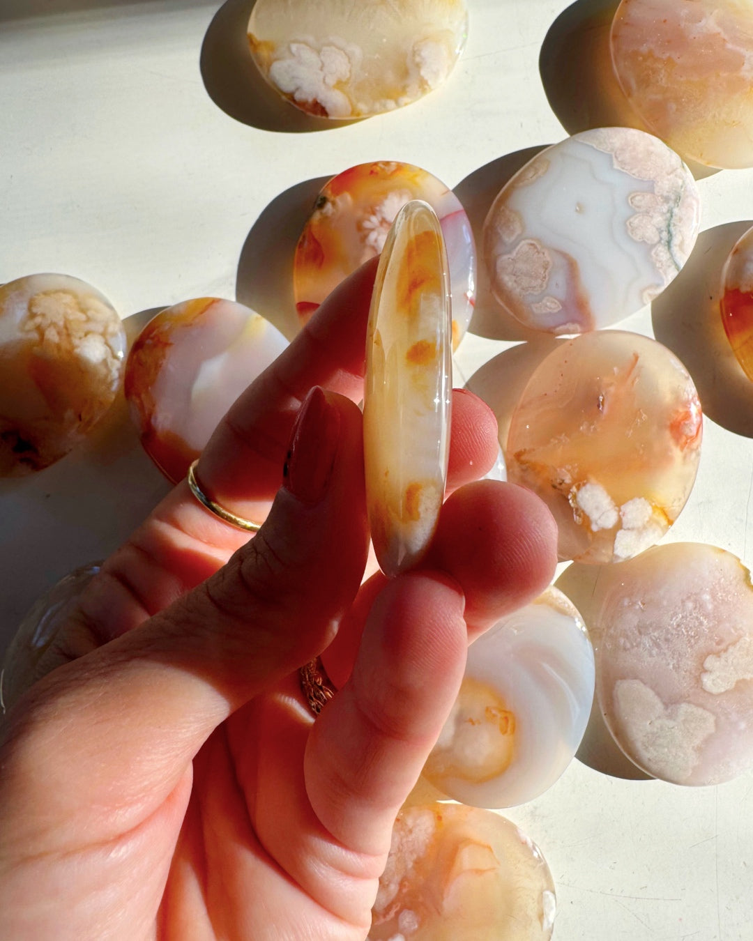 Flower Agate Flat Palm Stones - Baltic Mermaid