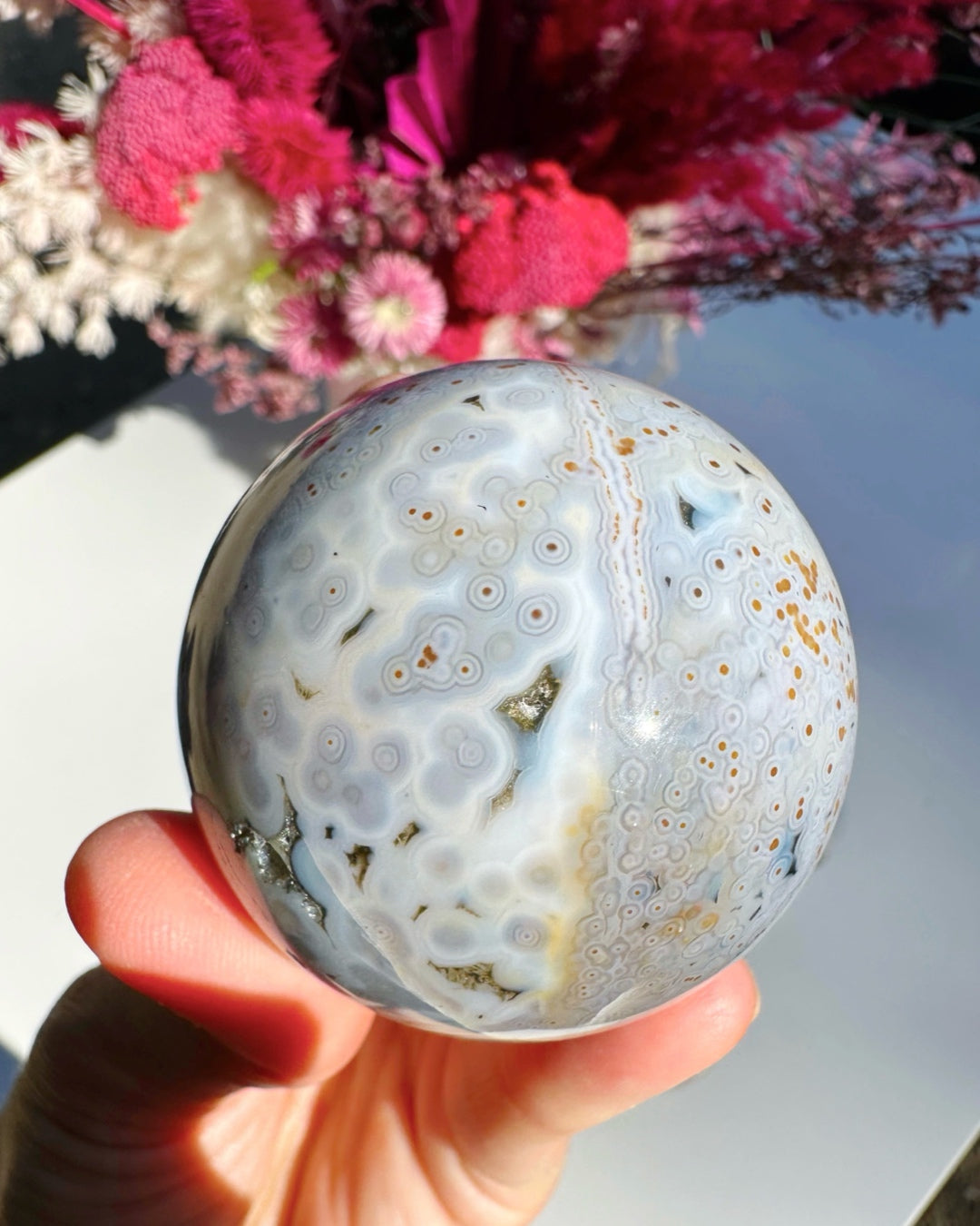 RARE Pink Purple Blue Rainbow Ocean Jasper Sphere 93mm on sale