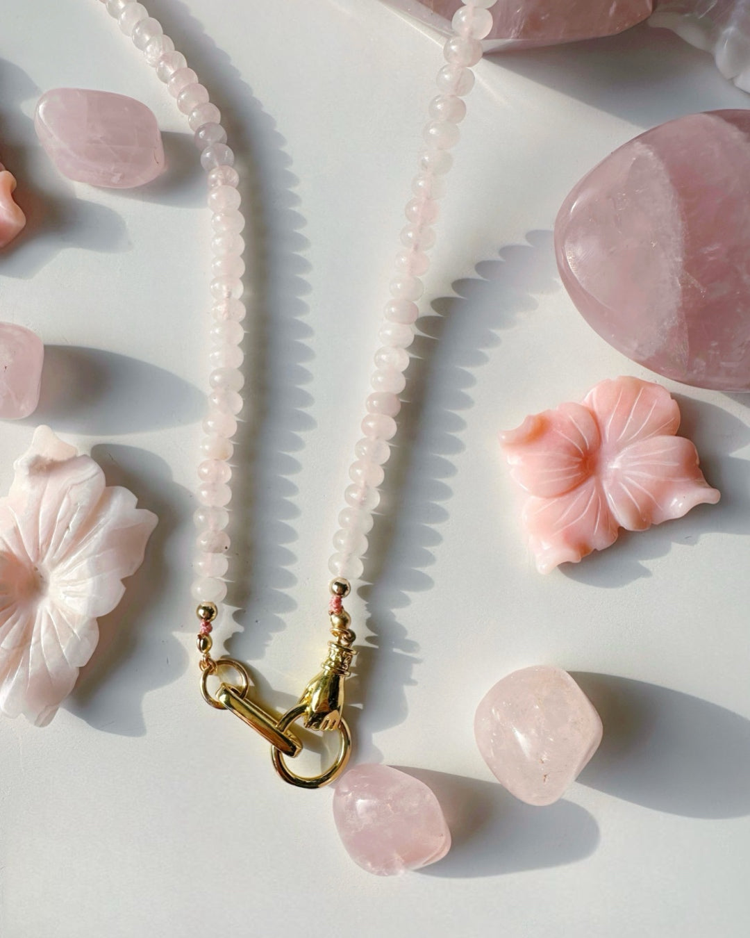“Hand of Love” Rose Quartz Gemstone Candy Necklace - Baltic Mermaid