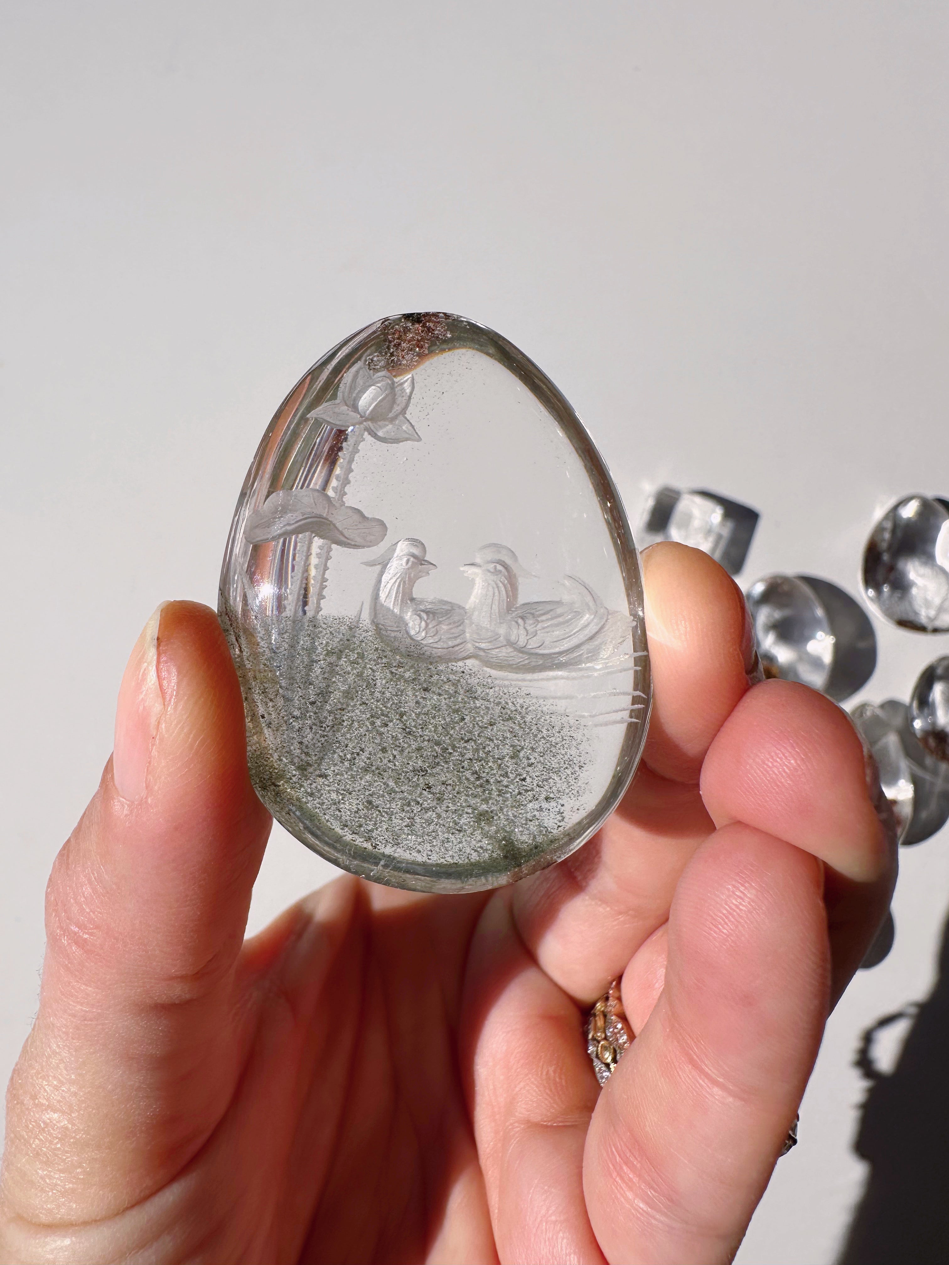 Intaglio Carved Love Birds in a the water Chlorite Quartz/Garden Quartz Cabochon Baltic Mermaid