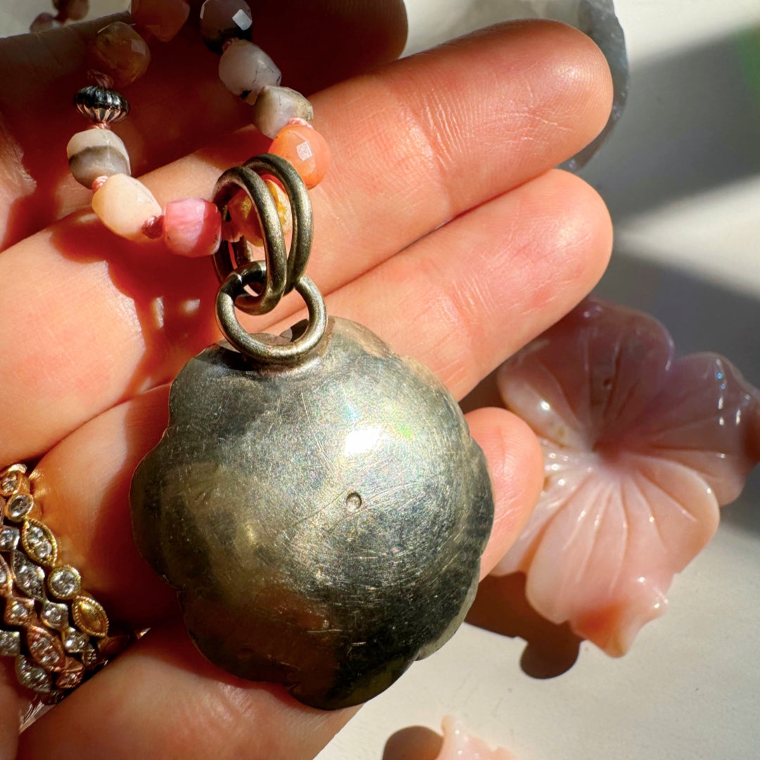 “Chelsea” - Pink Opal & Sterling Silver Necklace w/ Flower Conch Pewter Pendant - Baltic Mermaid