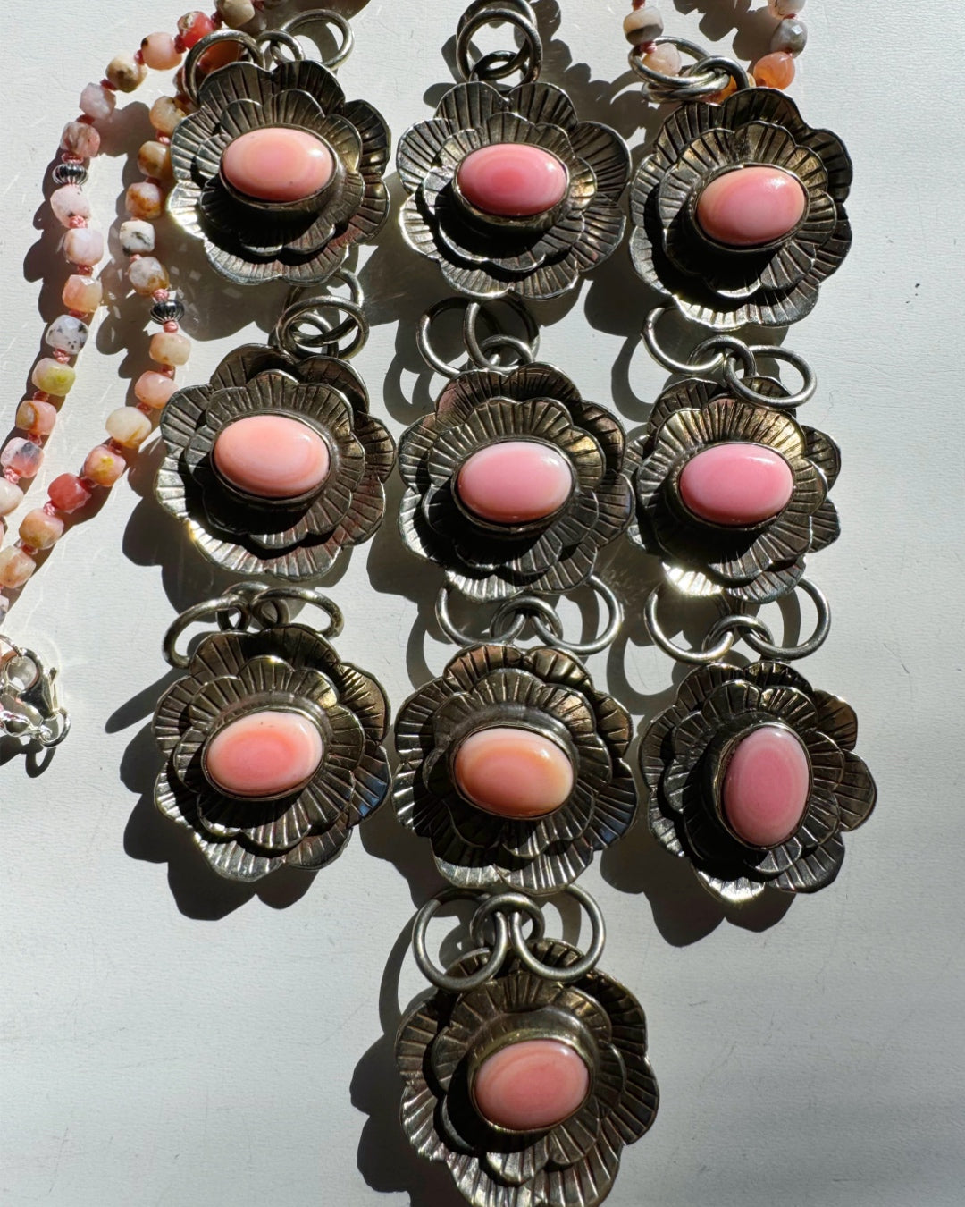 “Chelsea” - Pink Opal & Sterling Silver Necklace w/ Flower Conch Pewter Pendant - Baltic Mermaid