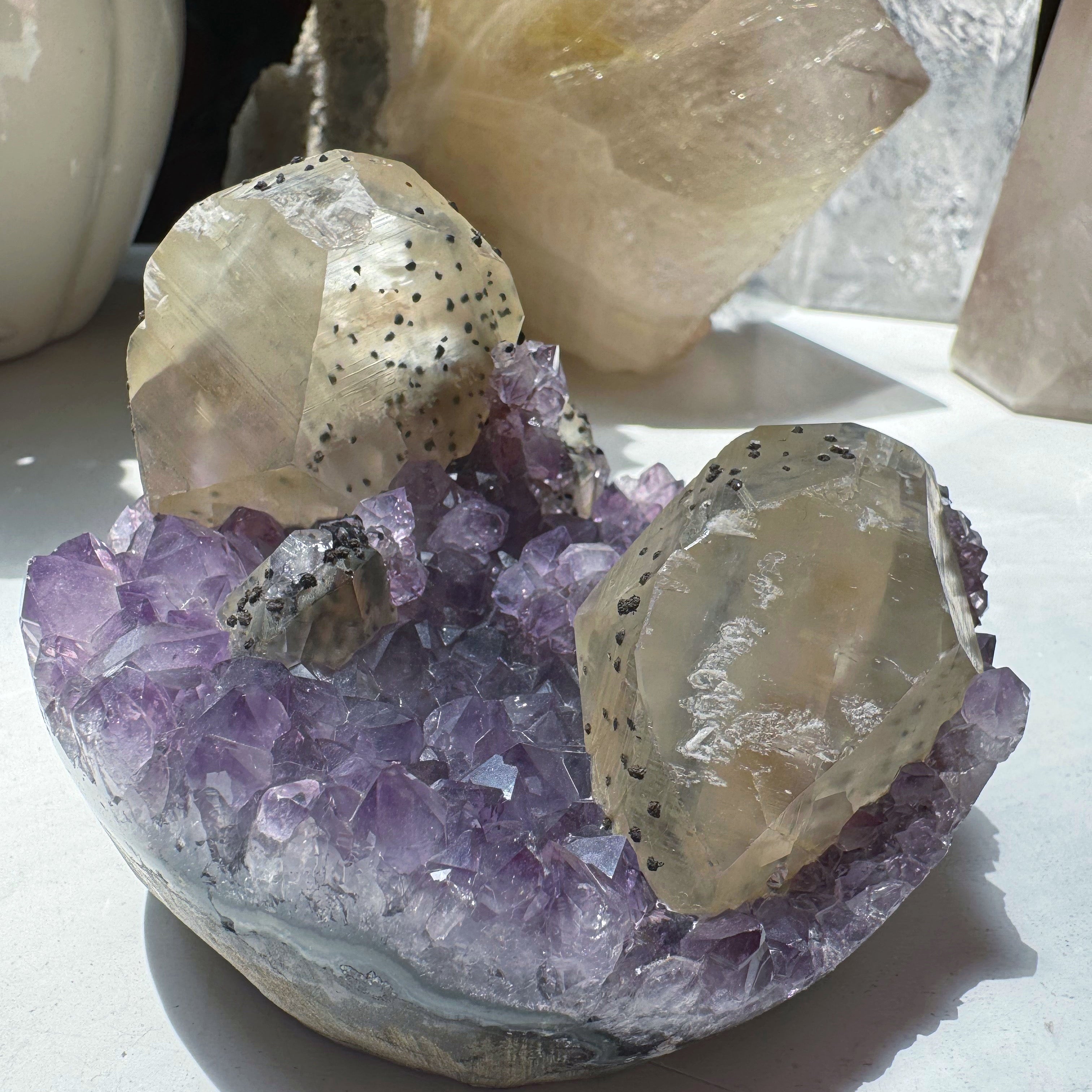 Amethyst Cluster w/ Calcite & Goethite from Uruguay Baltic Mermaid