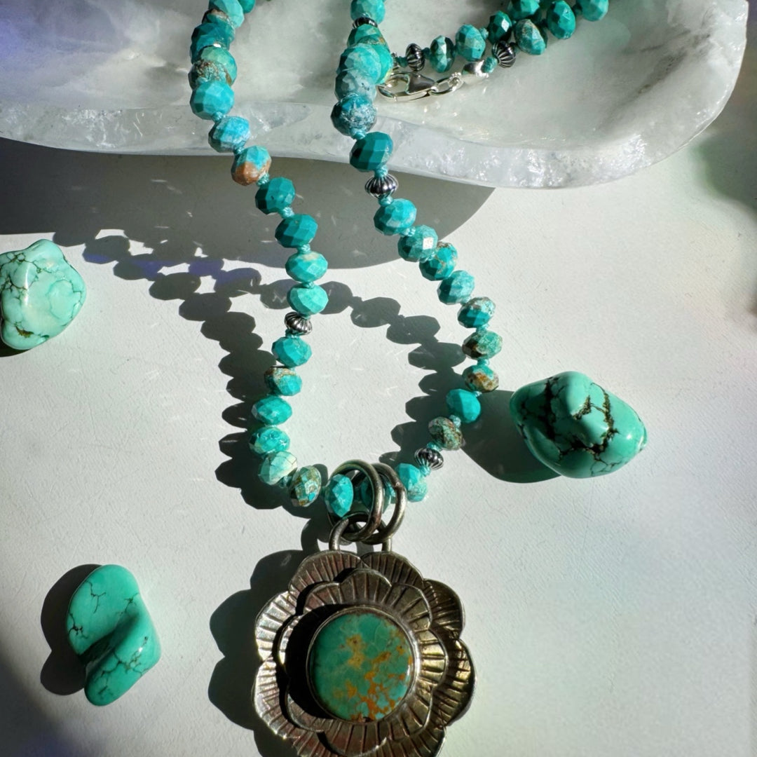 “Chelsea” - Turquoise & Sterling Silver Necklace w/ Flower Pendant - Baltic Mermaid