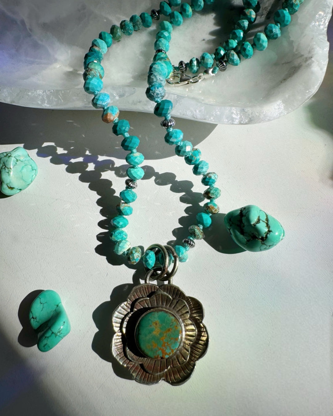 “Chelsea” - Turquoise & Sterling Silver Necklace w/ Flower Pendant - Baltic Mermaid
