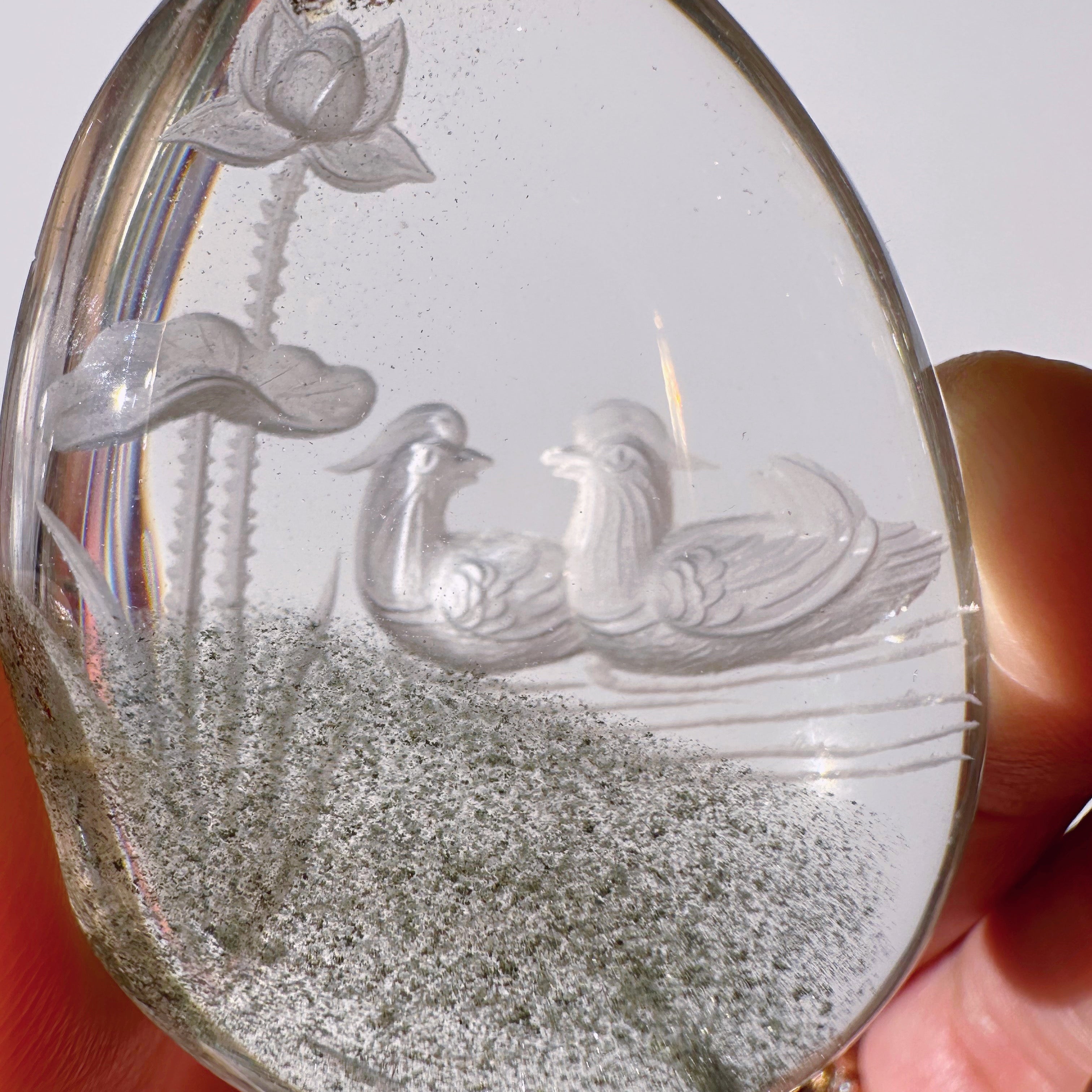 Intaglio Carved Love Birds in a the water Chlorite Quartz/Garden Quartz Cabochon Baltic Mermaid