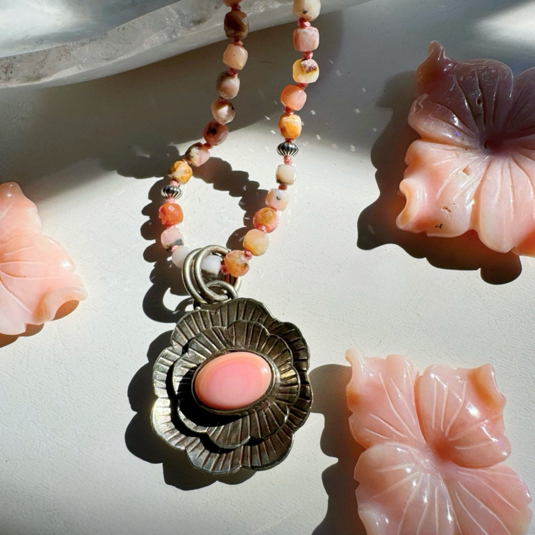 “Chelsea” - Pink Opal & Sterling Silver Necklace w/ Flower Conch Pewter Pendant - Baltic Mermaid