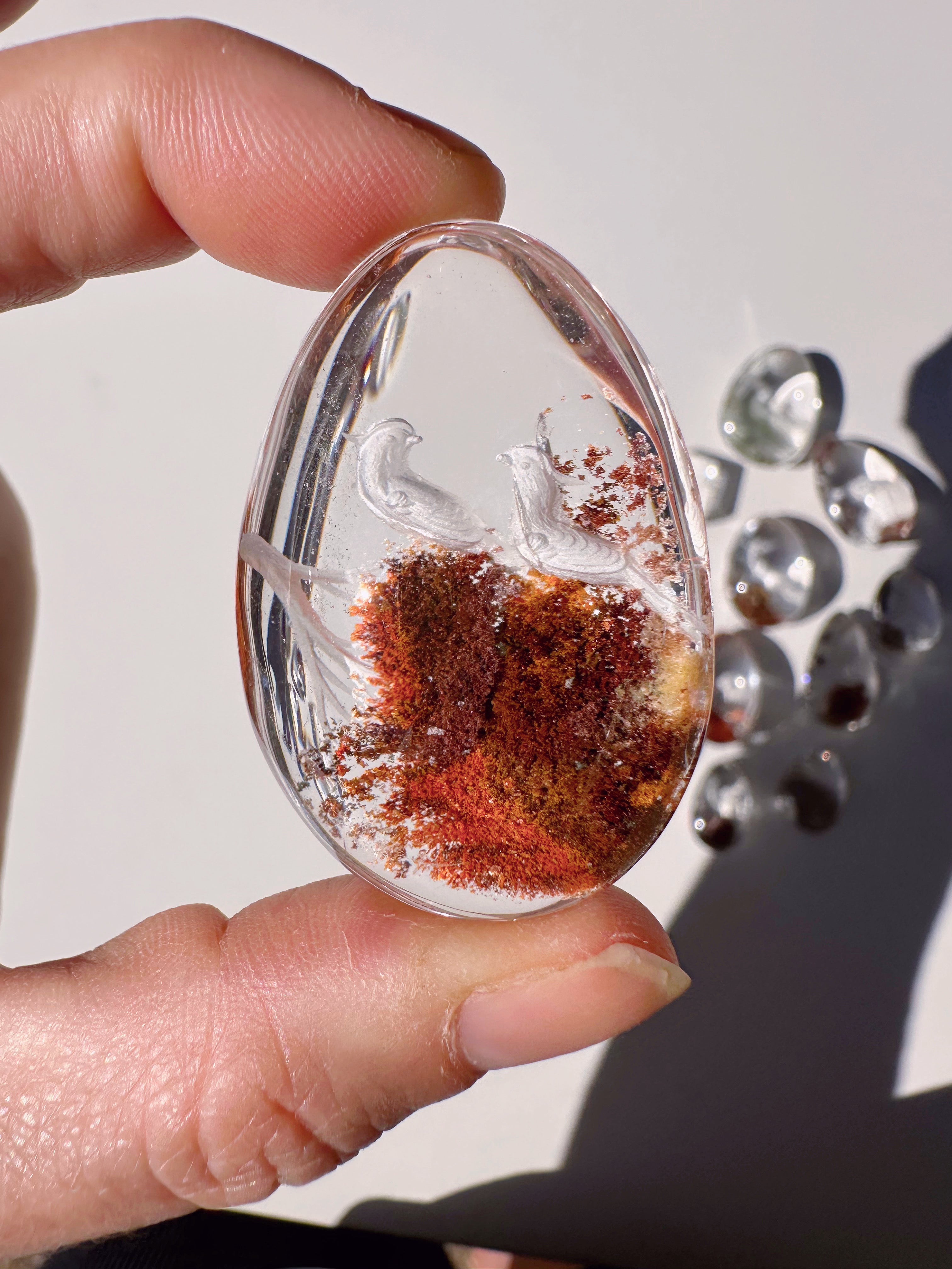 Intaglio Carved Love Birds in a Tree Chlorite Quartz/Garden Quartz Cabochon Baltic Mermaid