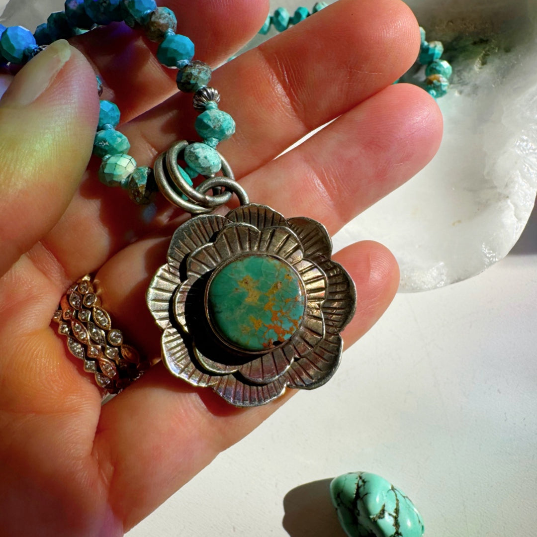 “Chelsea” - Turquoise & Sterling Silver Necklace w/ Flower Pendant - Baltic Mermaid