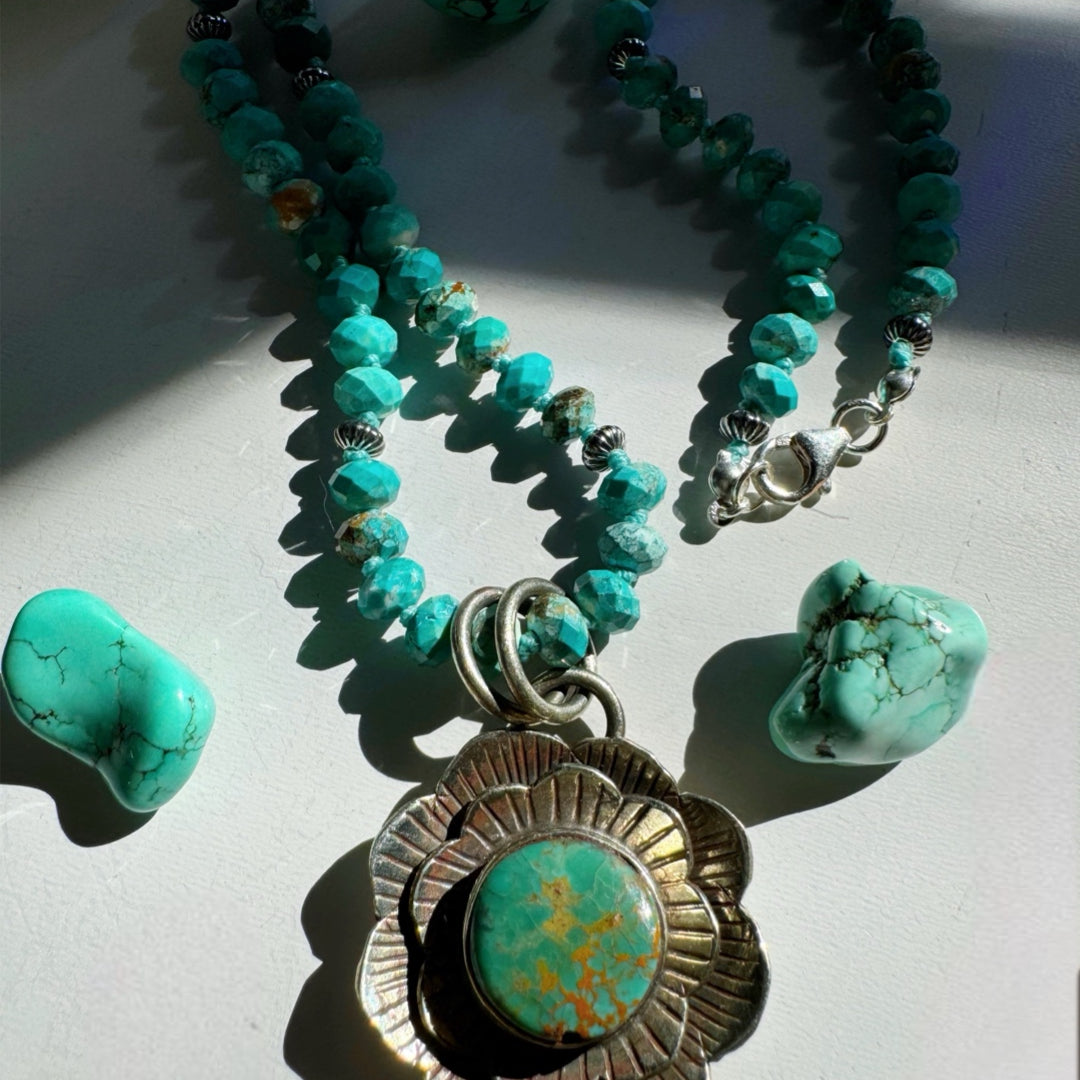 “Chelsea” - Turquoise & Sterling Silver Necklace w/ Flower Pendant - Baltic Mermaid