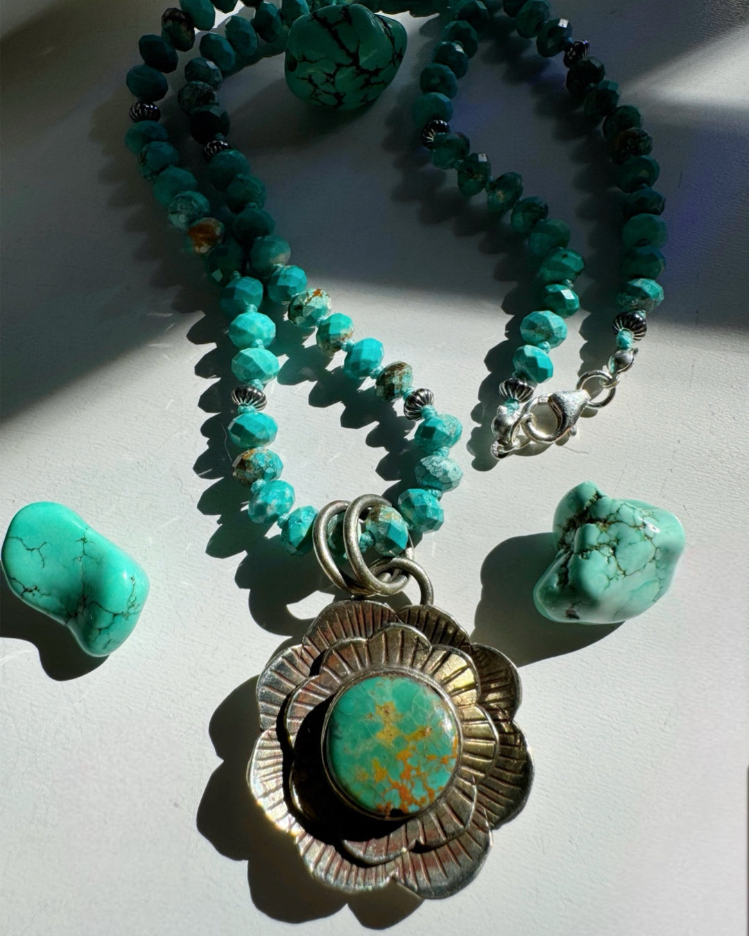 “Chelsea” - Turquoise & Sterling Silver Necklace w/ Flower Pendant - Baltic Mermaid