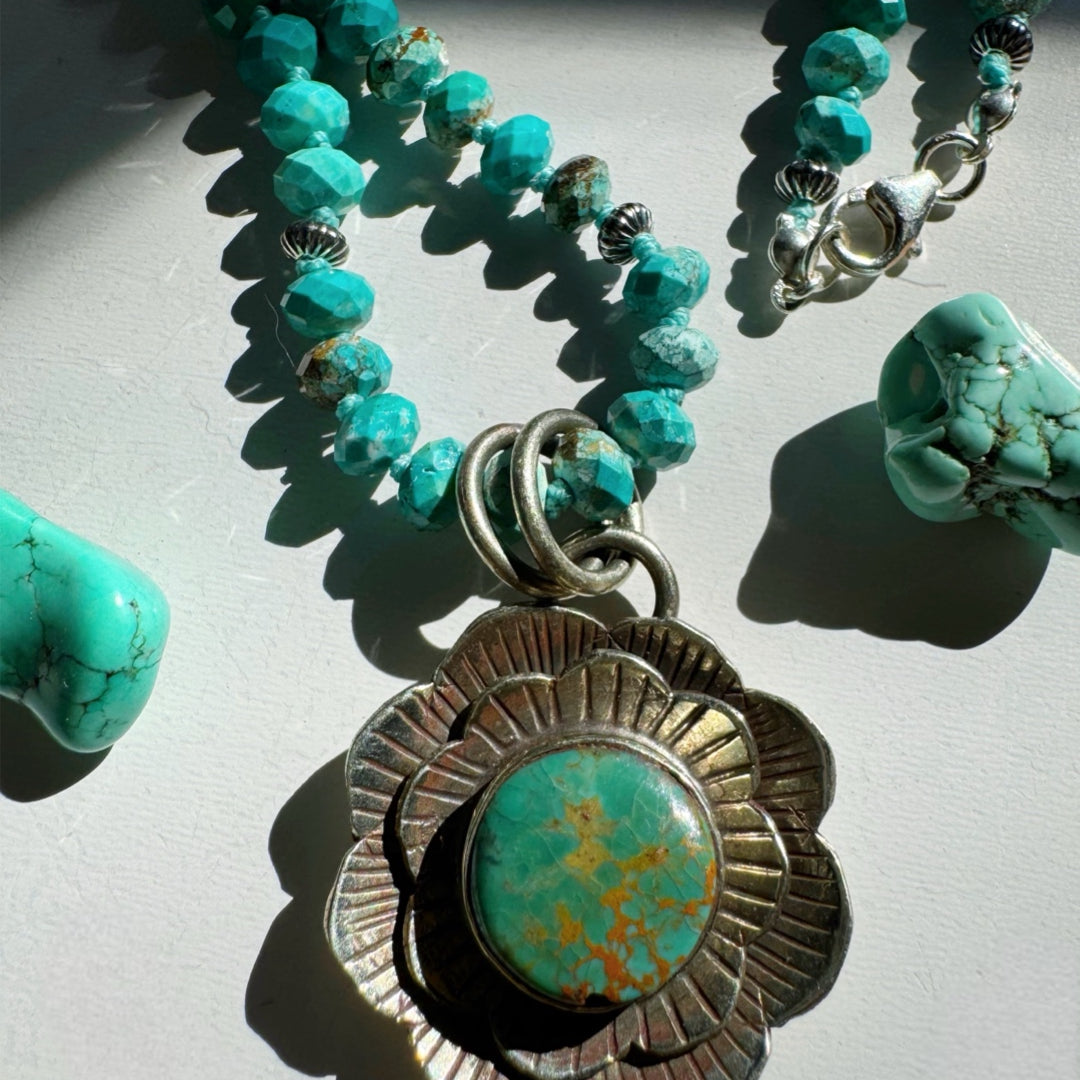 “Chelsea” - Turquoise & Sterling Silver Necklace w/ Flower Pendant - Baltic Mermaid
