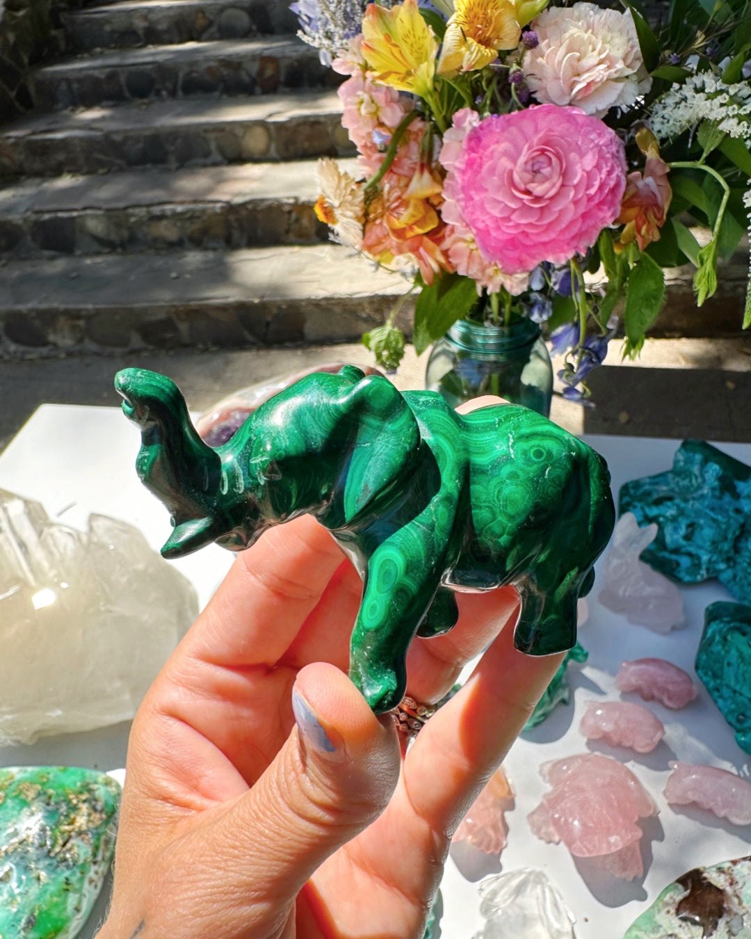 Hand Carved Malachite Elephant - Baltic Mermaid