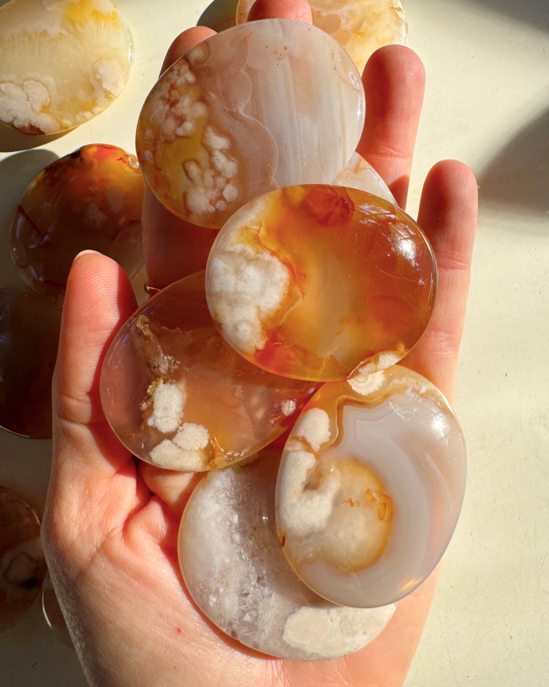 Flower Agate Flat Palm Stones - Baltic Mermaid