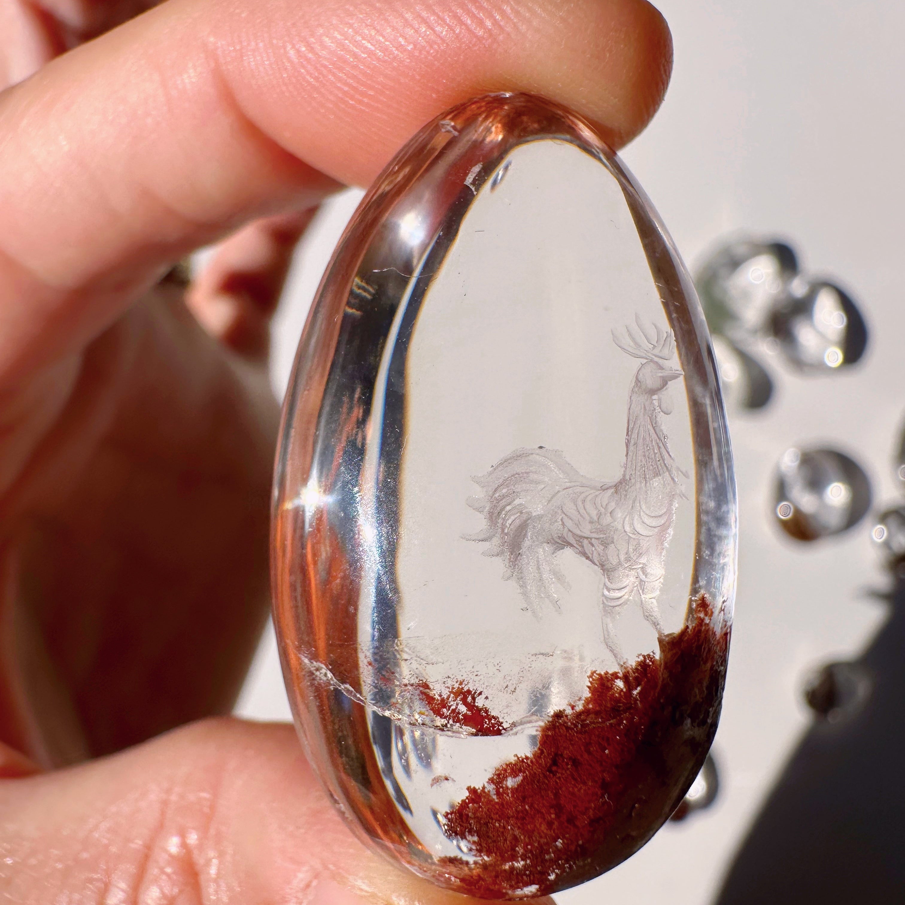 Intaglio Rooster Carved Chlorite Quartz/Garden Quartz Cabochon Baltic Mermaid