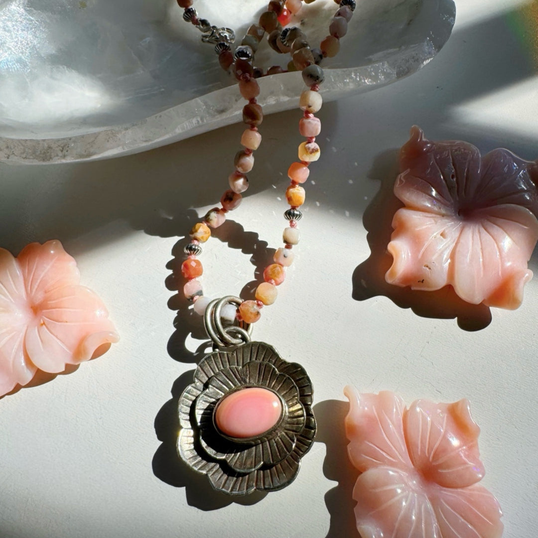 “Chelsea” - Pink Opal & Sterling Silver Necklace w/ Flower Conch Pewter Pendant - Baltic Mermaid