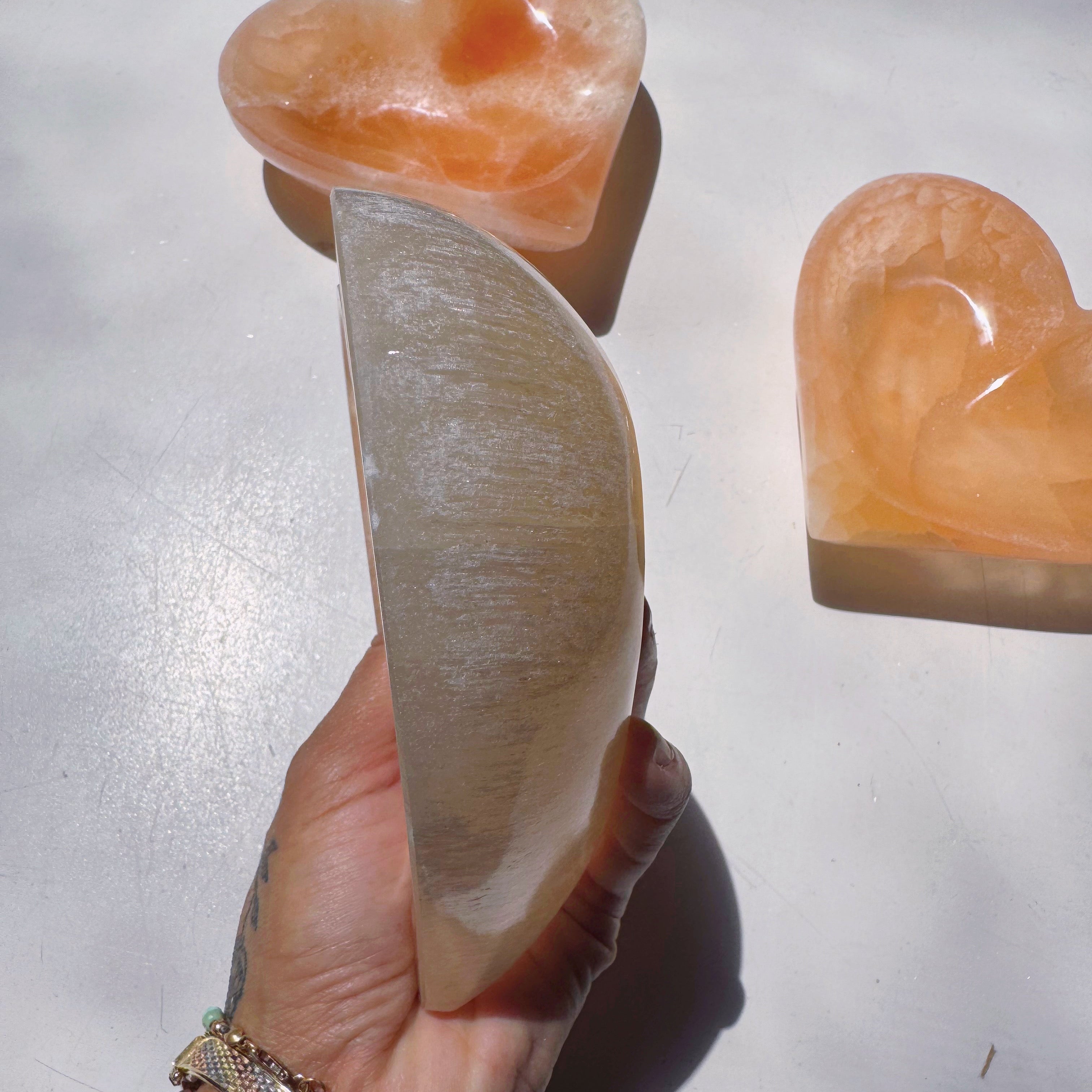 Peach Selenite Heart Dish Baltic Mermaid