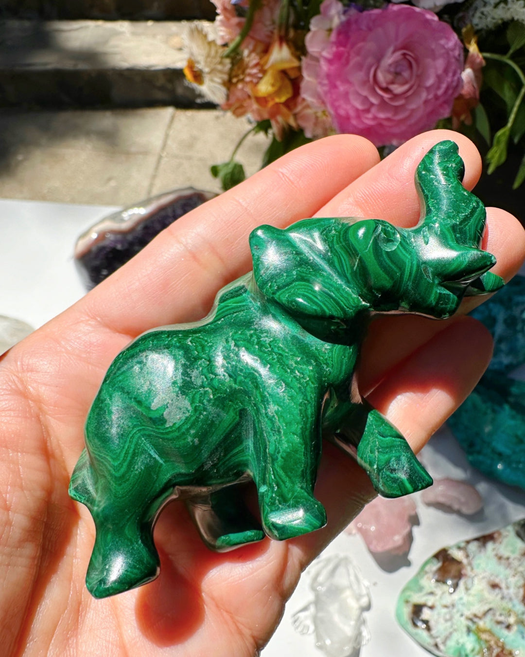 Hand Carved Malachite Elephant - Baltic Mermaid