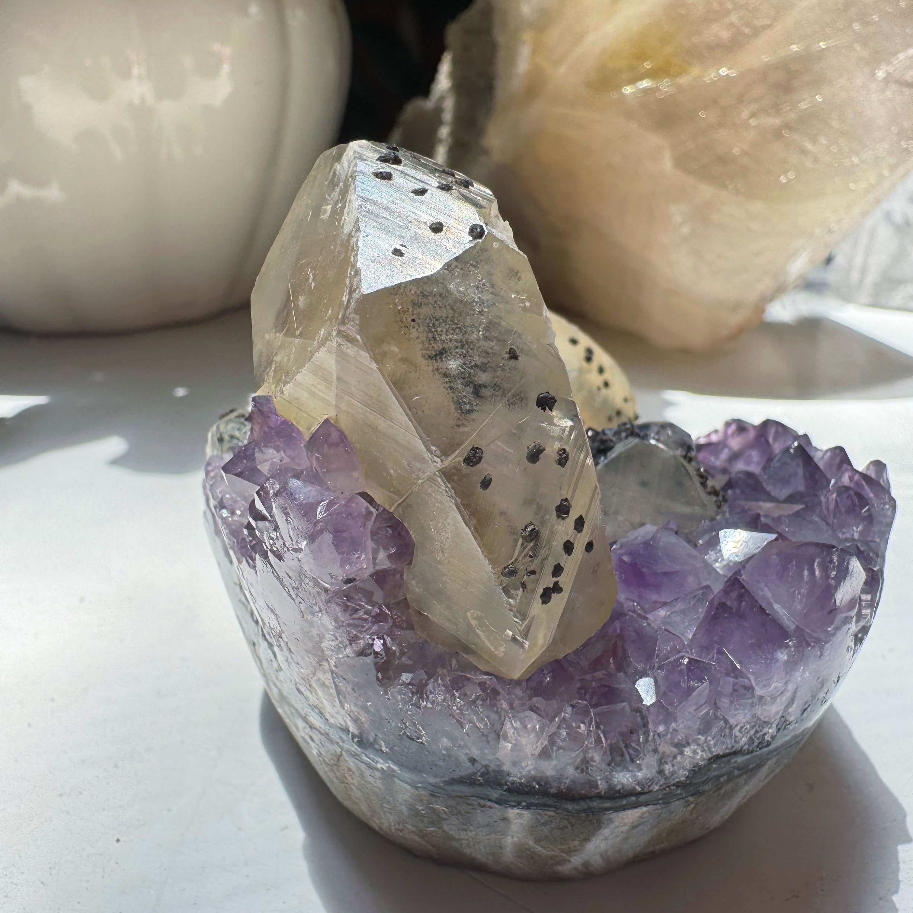 Amethyst Cluster w/ Calcite & Goethite from Uruguay Baltic Mermaid