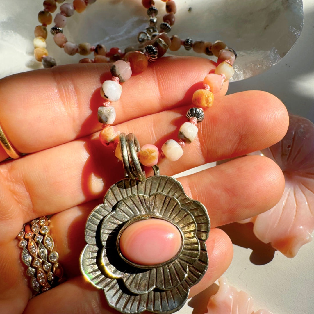 “Chelsea” - Pink Opal & Sterling Silver Necklace w/ Flower Conch Pewter Pendant - Baltic Mermaid