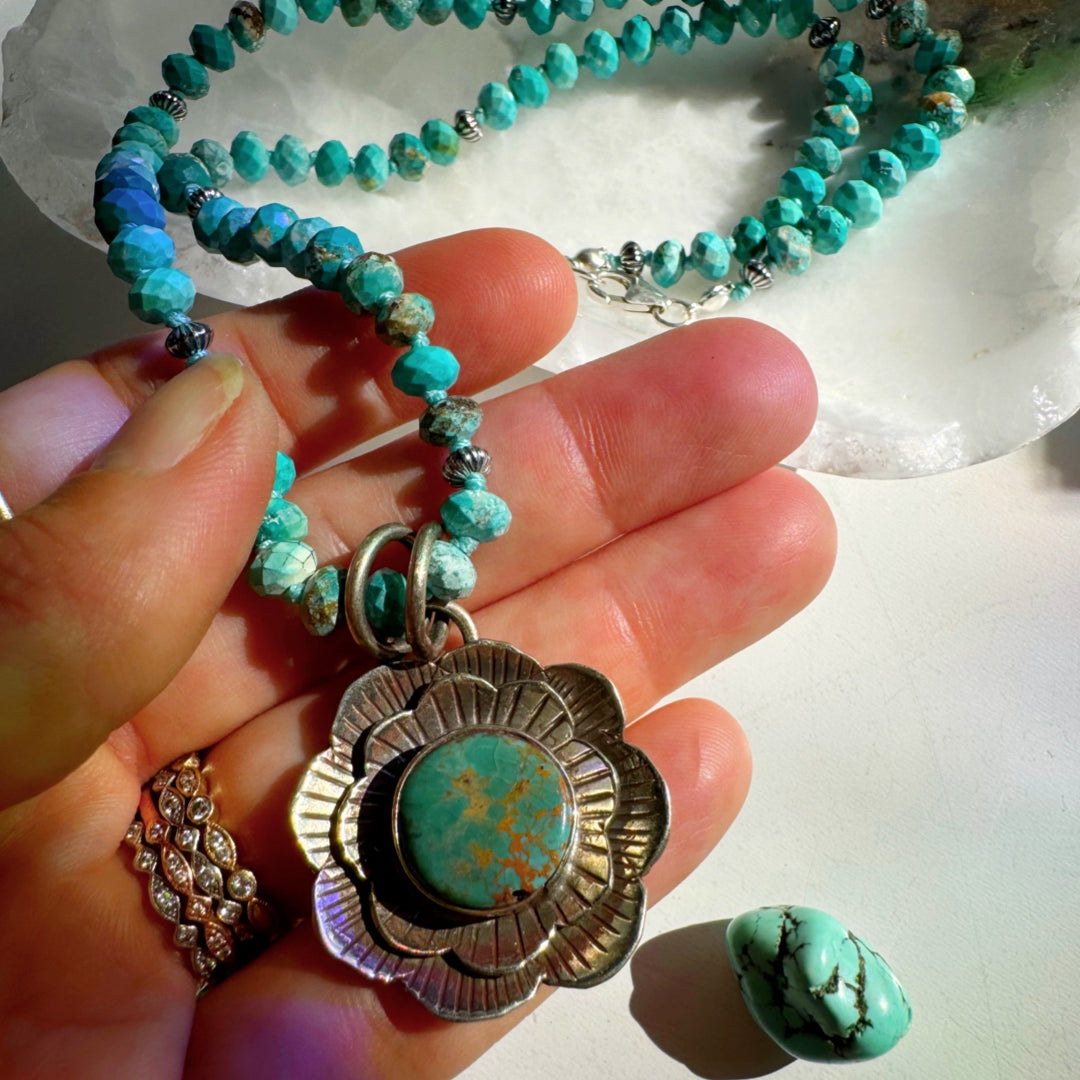 “Chelsea” - Turquoise & Sterling Silver Necklace w/ Flower Pendant - Baltic Mermaid