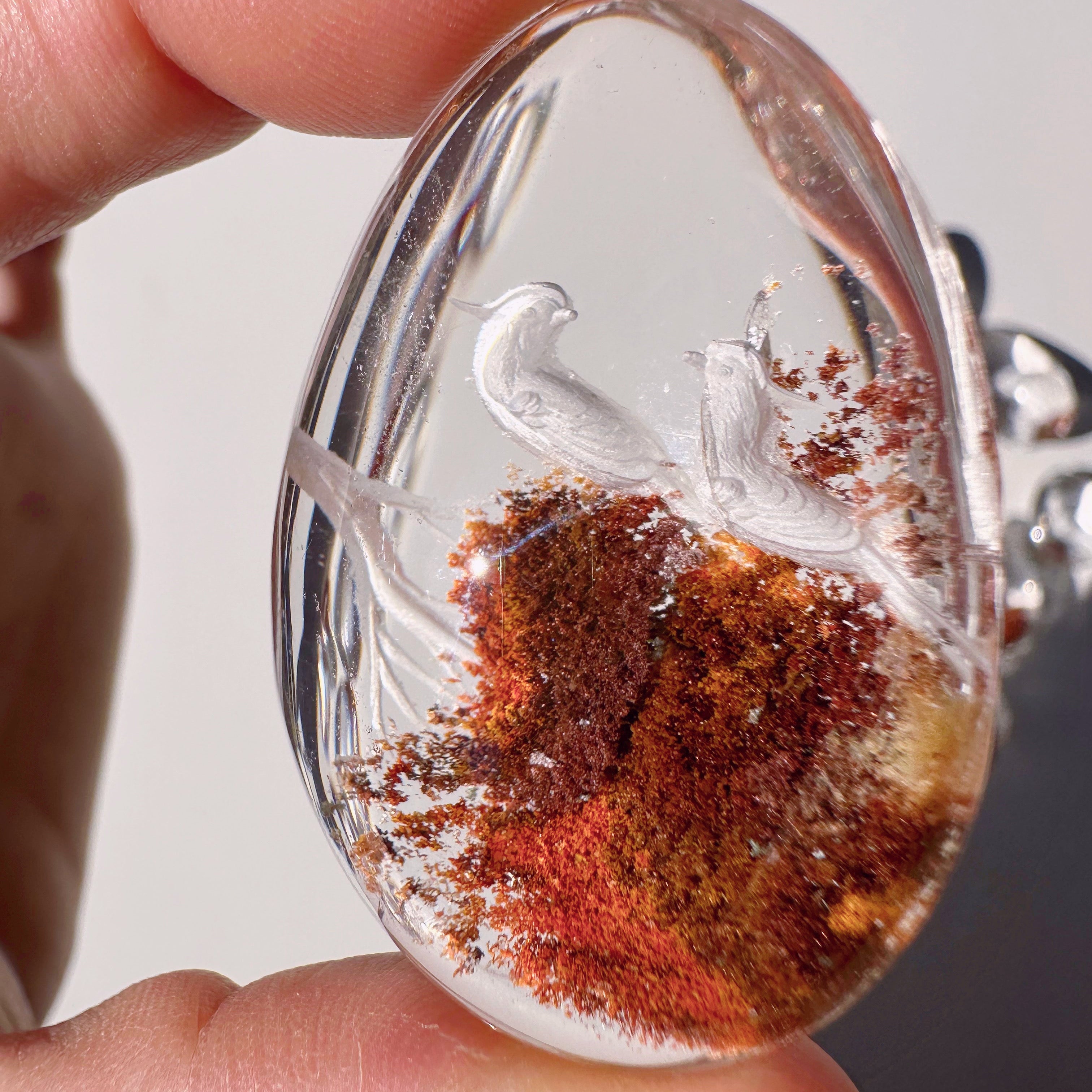 Intaglio Carved Love Birds in a Tree Chlorite Quartz/Garden Quartz Cabochon Baltic Mermaid