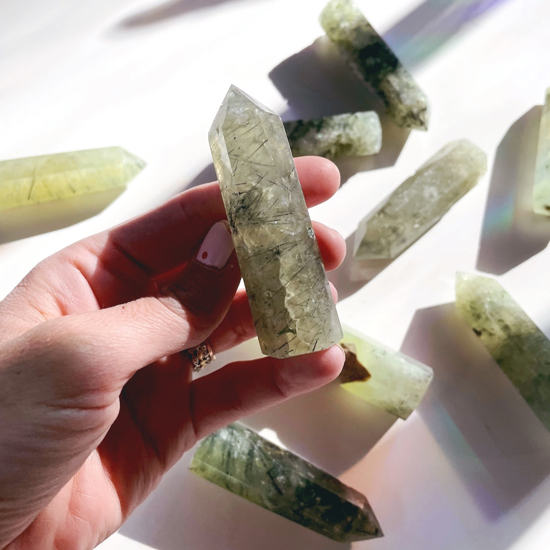 Prehnite with Epidote Lil Tower - Baltic Mermaid