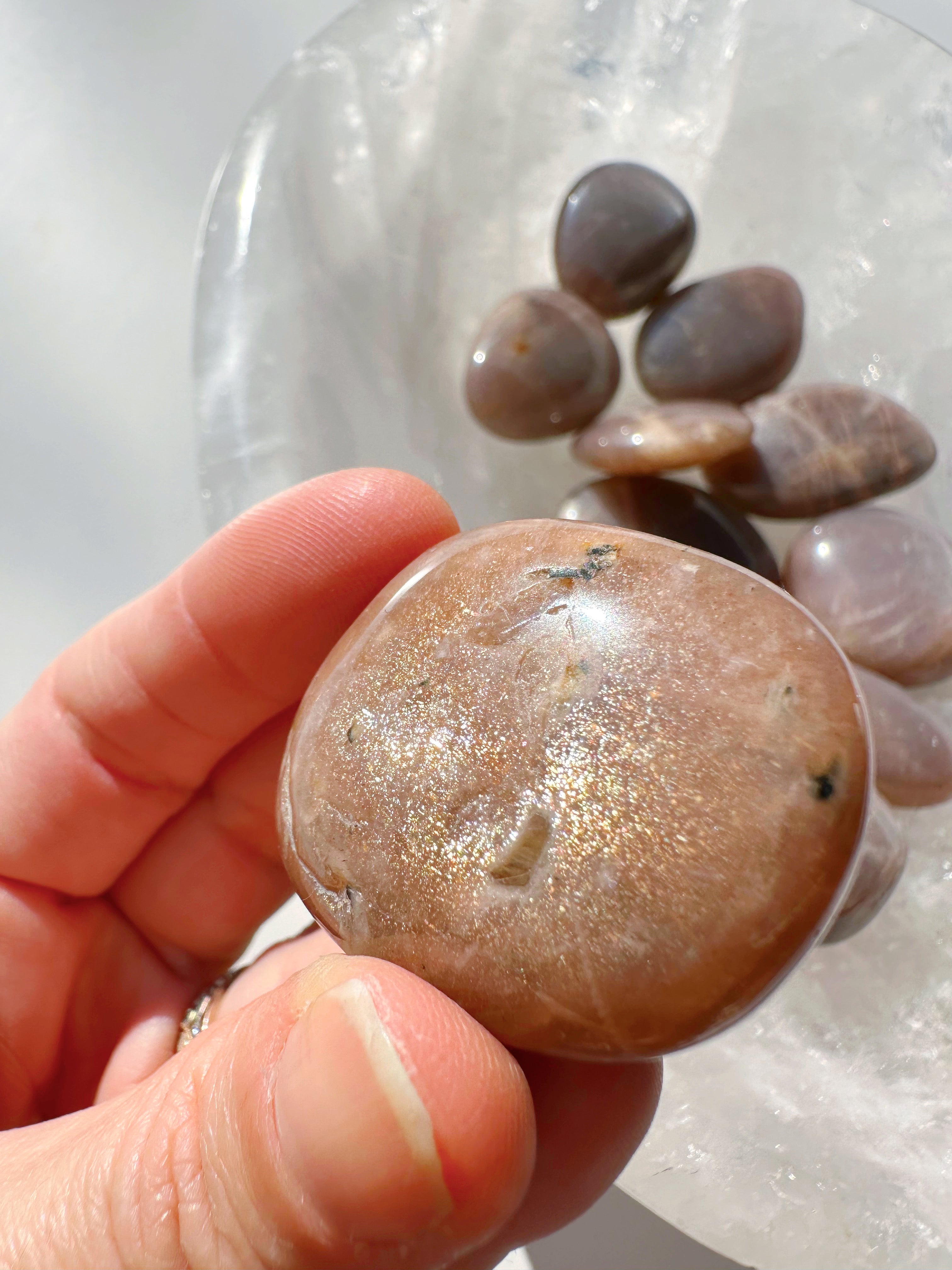 Sunstone & Peach Moonstone Palm Stone - G - Baltic Mermaid