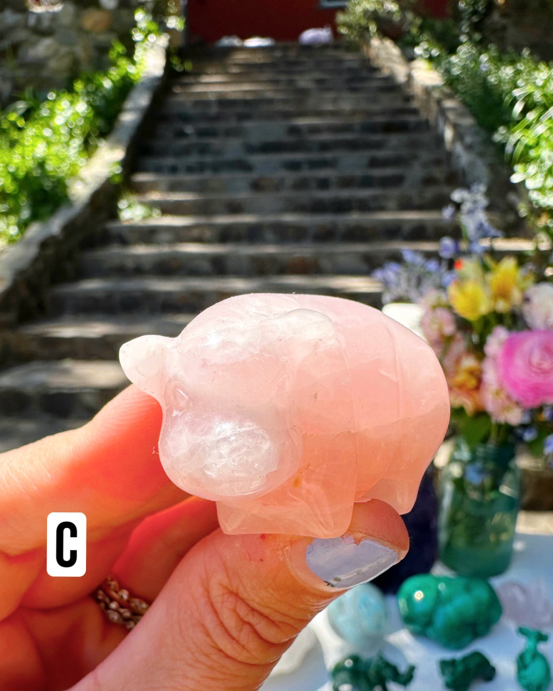 Hand Carved Rose Quartz Pigs