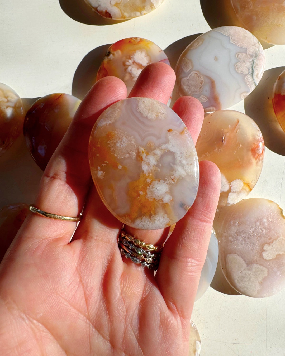 Flower Agate Flat Palm Stones - Baltic Mermaid
