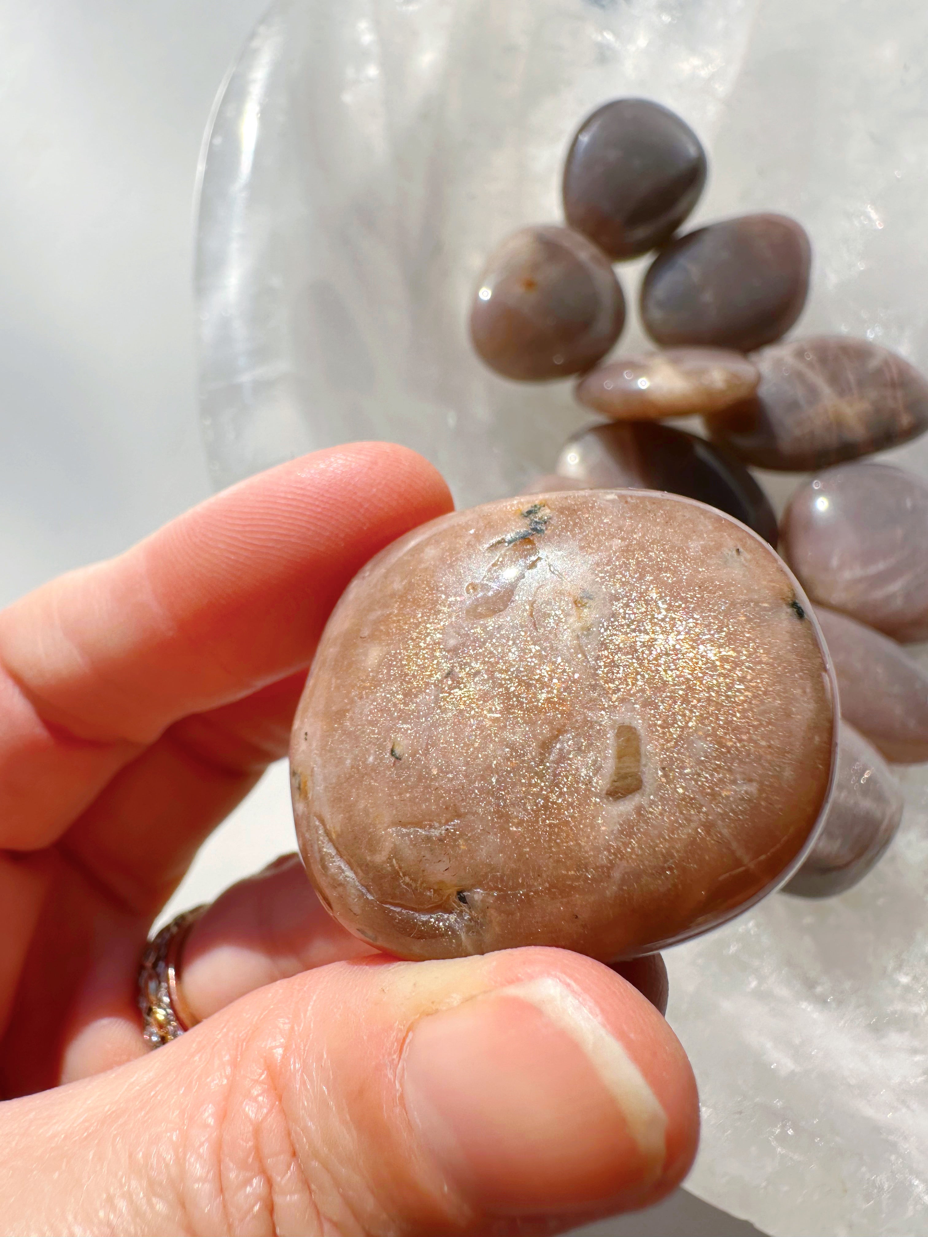 Sunstone & Peach Moonstone Palm Stone - G - Baltic Mermaid