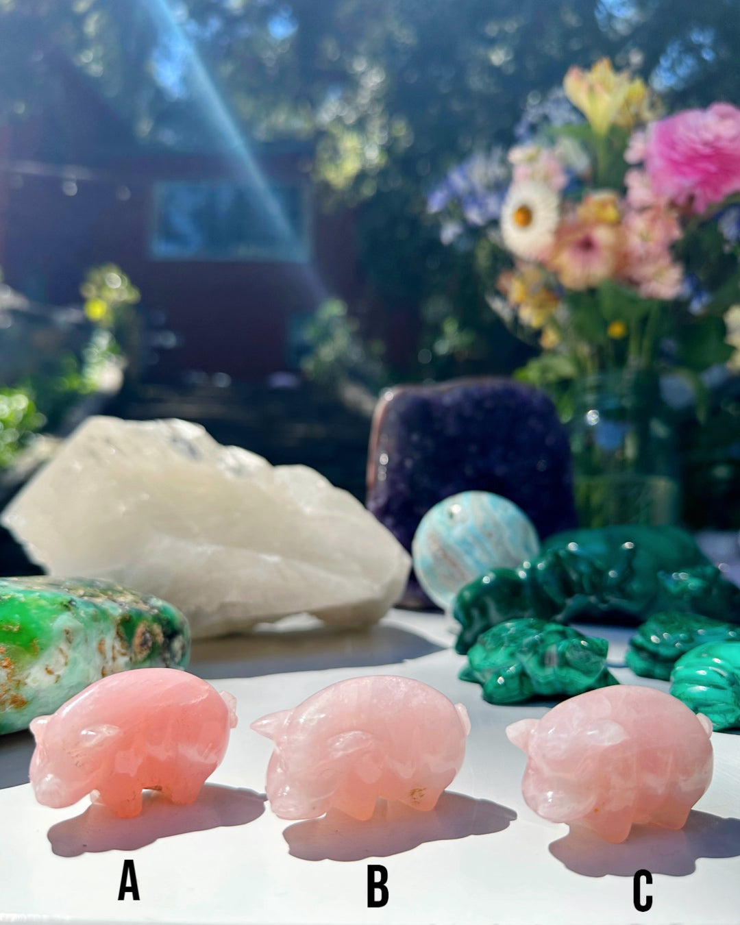 Hand Carved Rose Quartz Pigs - Baltic Mermaid