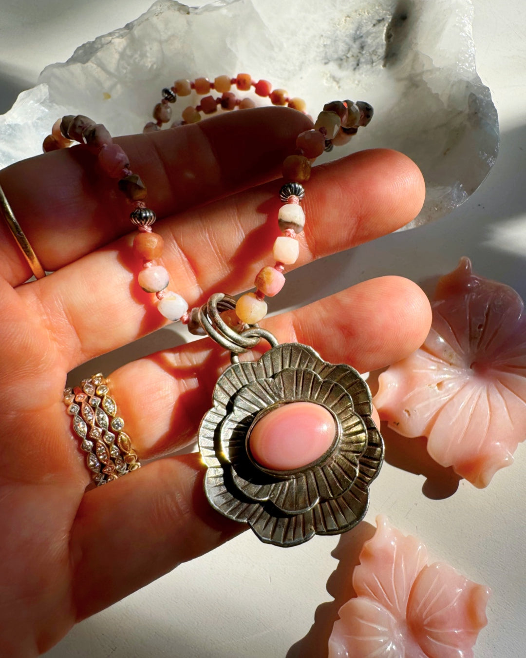 “Chelsea” - Pink Opal & Sterling Silver Necklace w/ Flower Conch Pewter Pendant - Baltic Mermaid