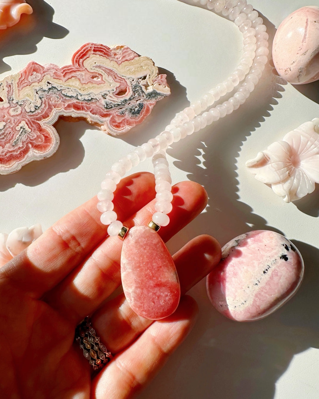 Rhodochrosite &amp; Rose Quartz Gemstone Candy Necklace