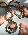 “Chelsea” - Pink Opal & Sterling Silver Necklace w/ Flower Conch Pewter Pendant