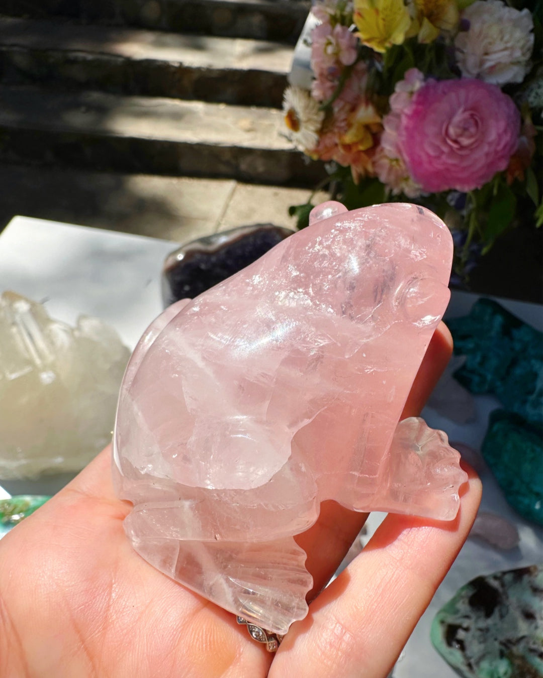 Hand Carved Rose Quartz Frog - Baltic Mermaid
