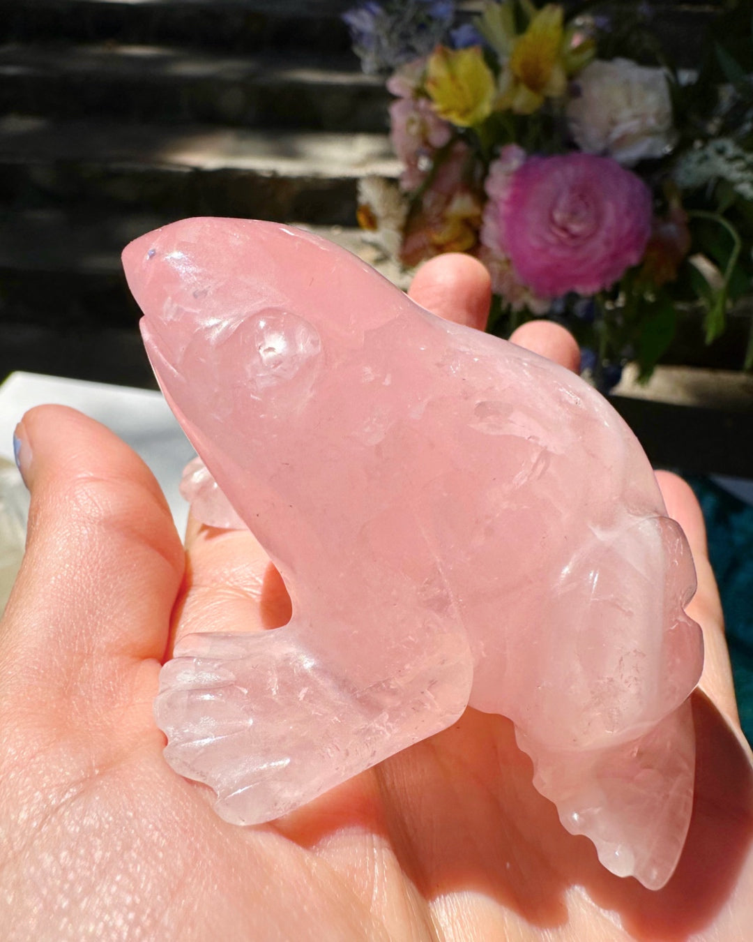 Hand Carved Rose Quartz Frog - Baltic Mermaid