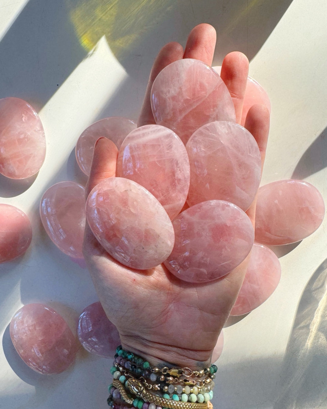 Rose Quartz Flat Palm Stones - Baltic Mermaid