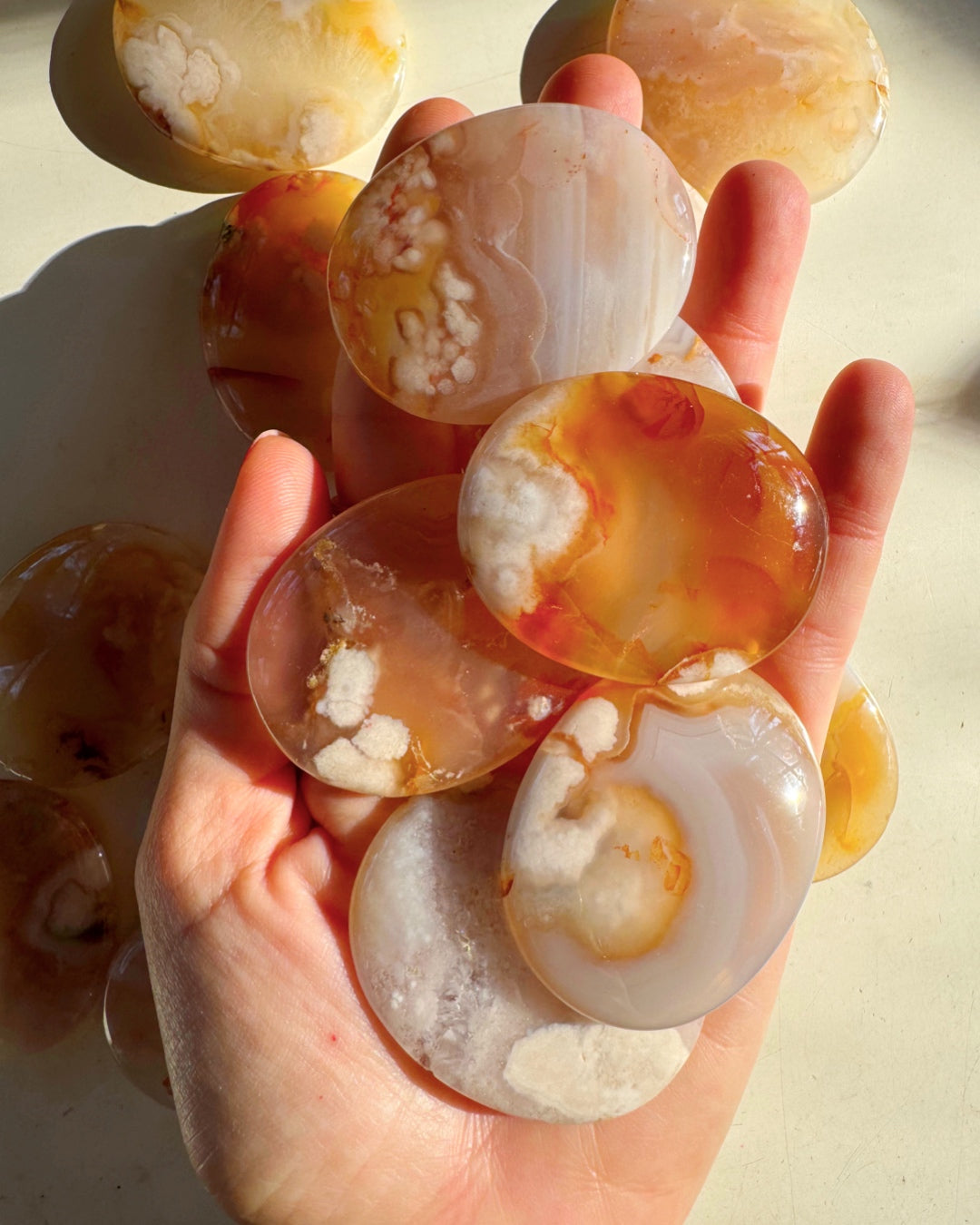 Flower Agate Flat Palm Stones - Baltic Mermaid