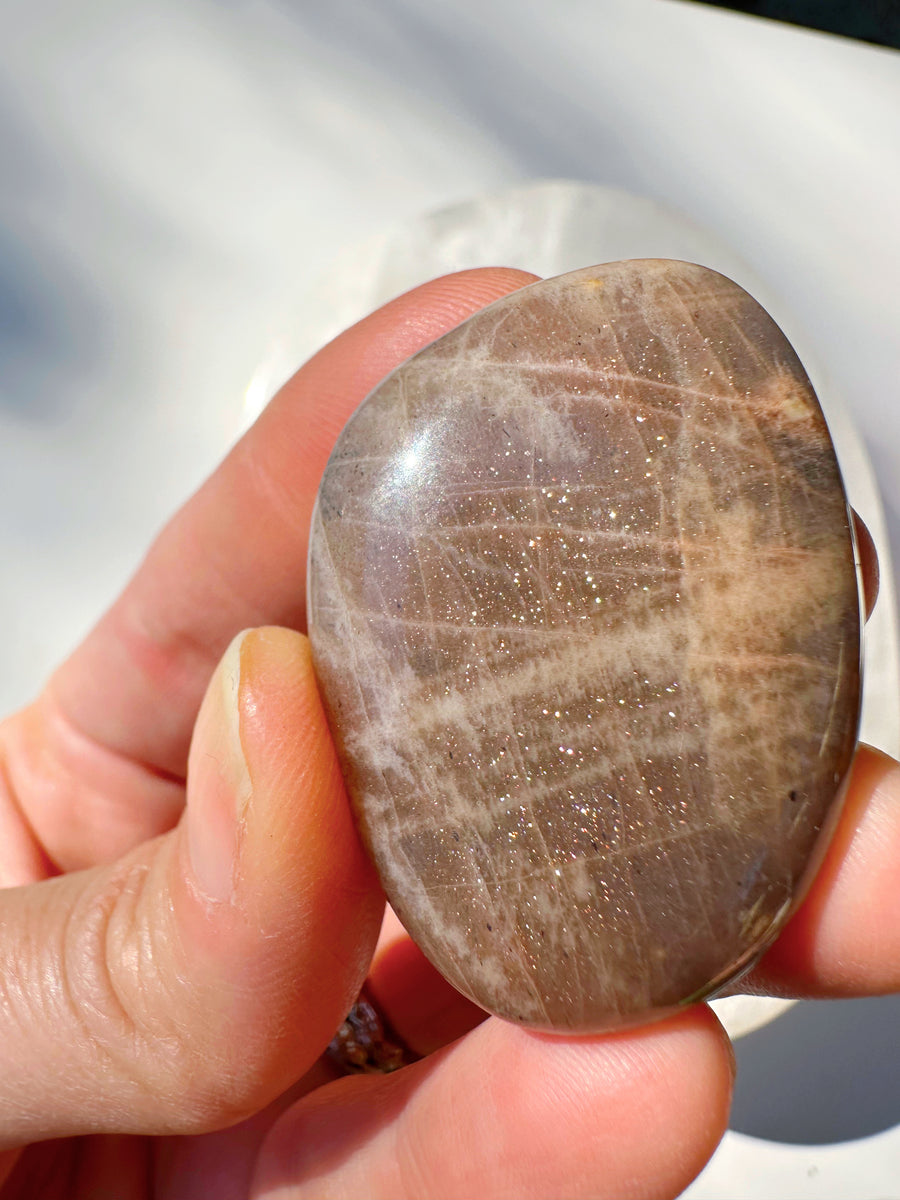 Sunstone & Peach Moonstone Palm Stone - L