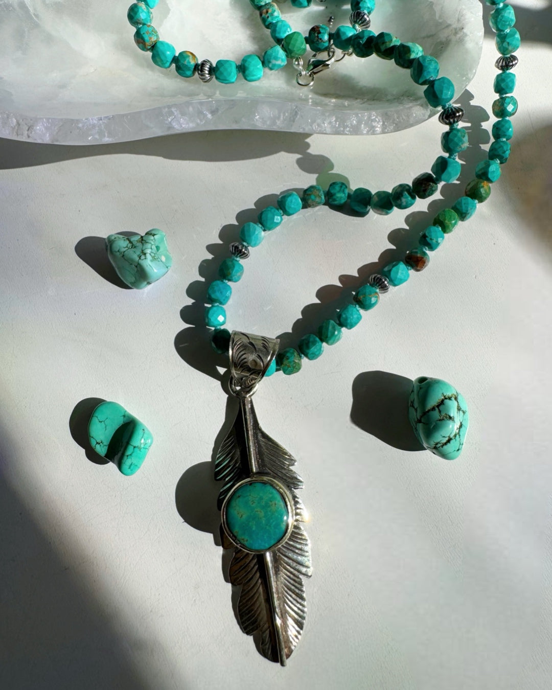 “Frida” - Turquoise &amp; Sterling Silver w/ Pewter Feather