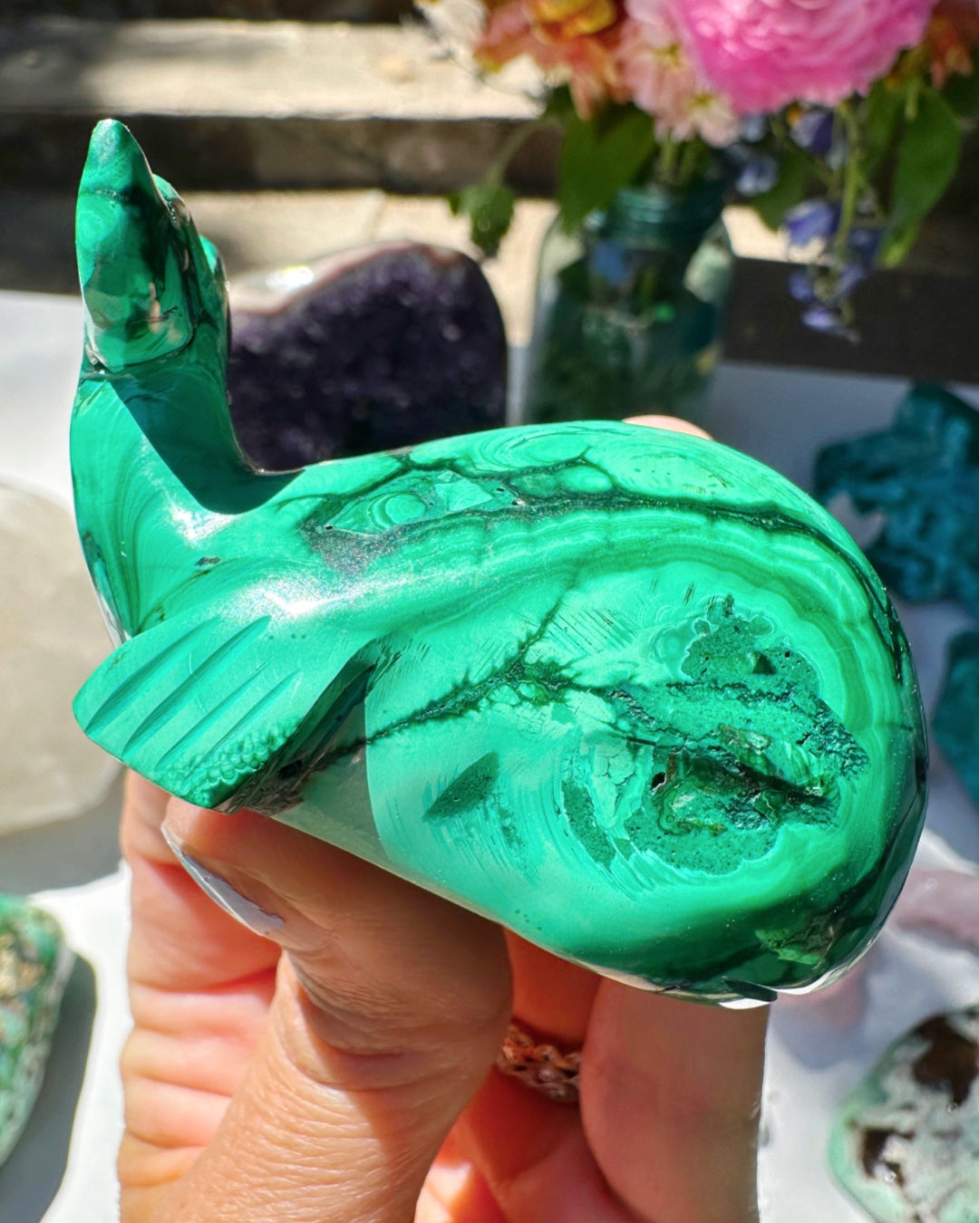 Hand Carved Malachite Whale - Baltic Mermaid