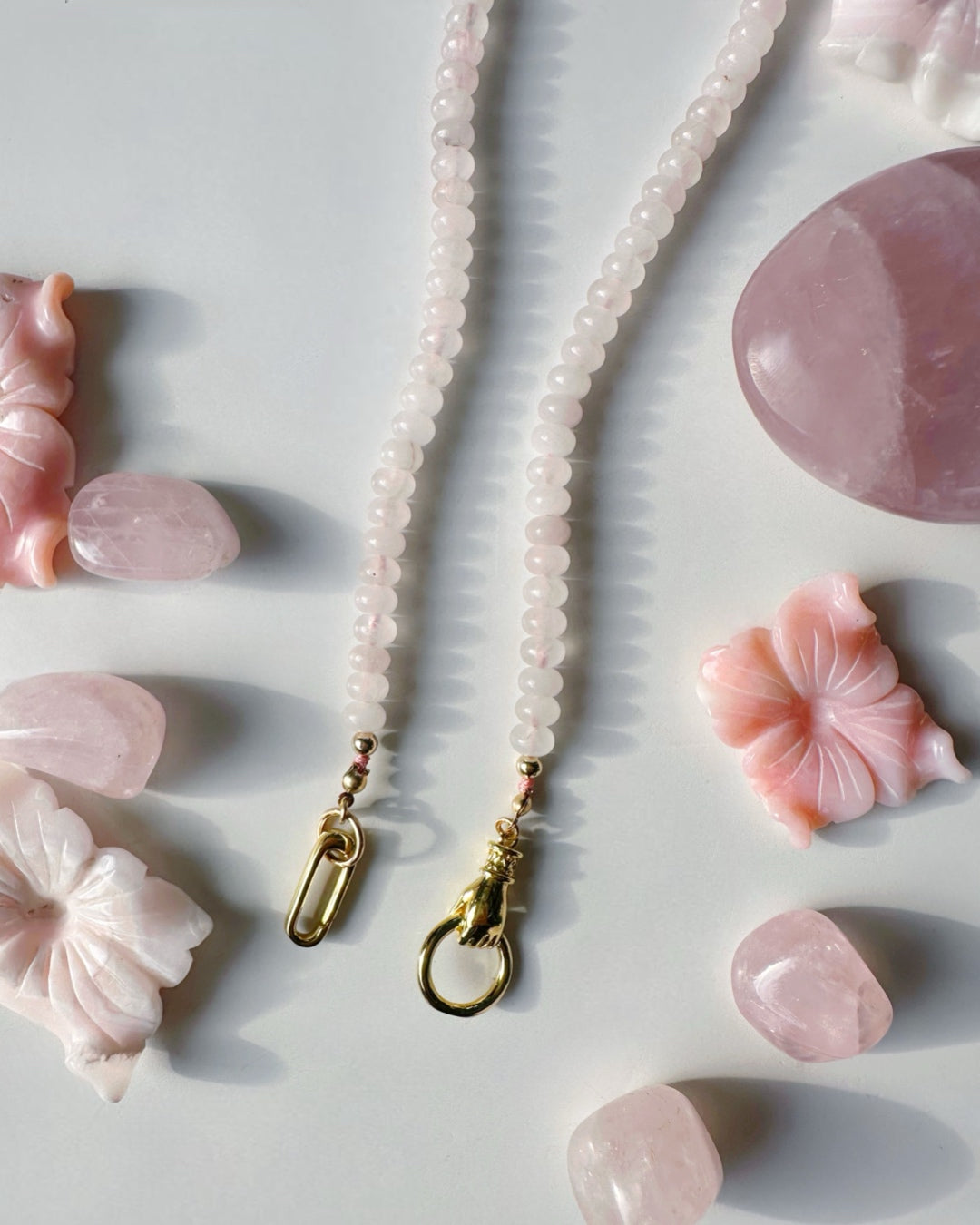“Hand of Love” Rose Quartz Gemstone Candy Necklace - Baltic Mermaid