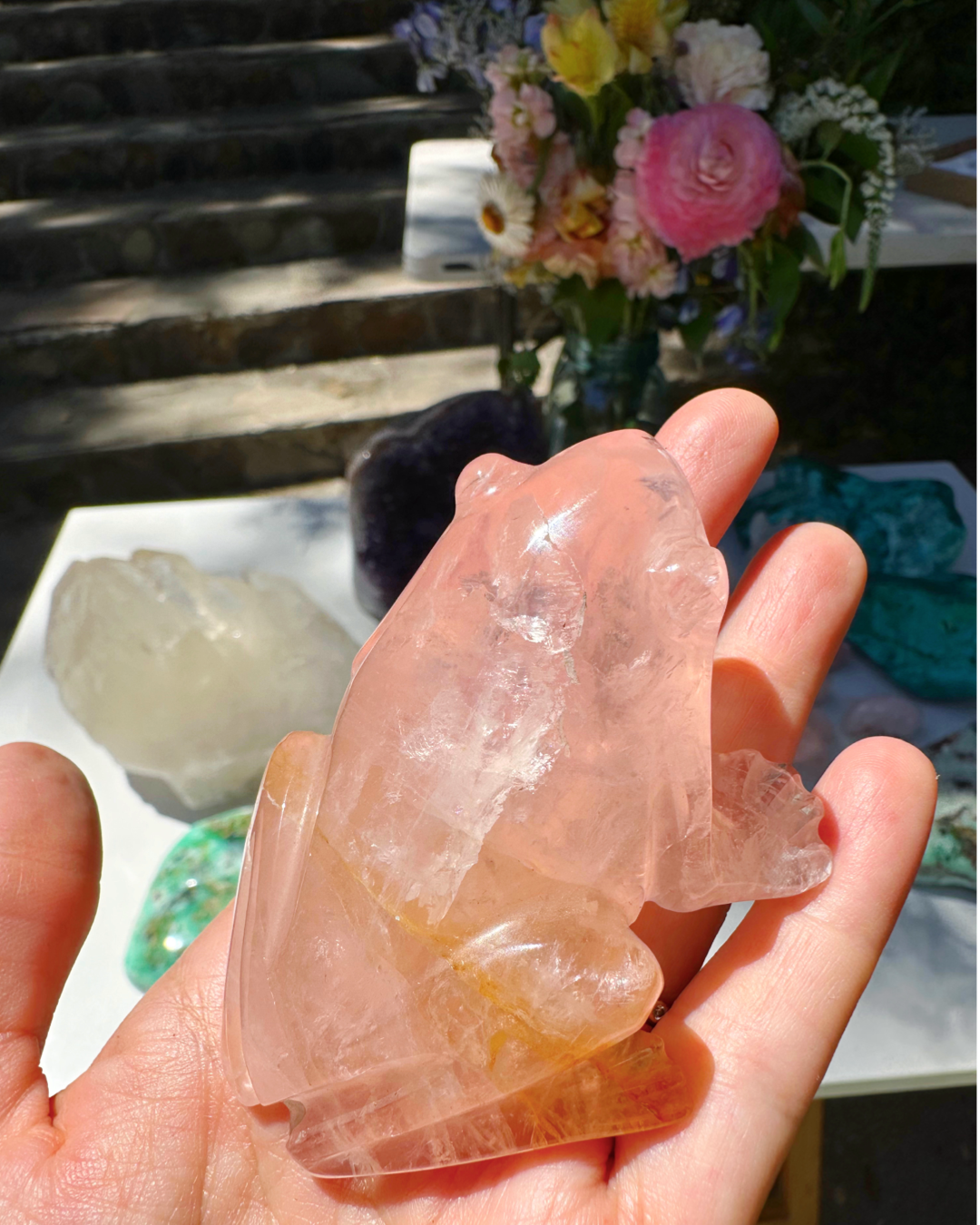 Hand Carved Rose Quartz Frog - Baltic Mermaid