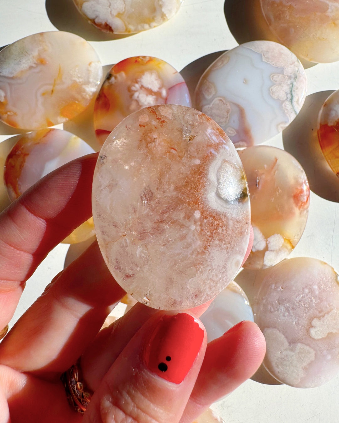 Flower Agate Flat Palm Stones - Baltic Mermaid