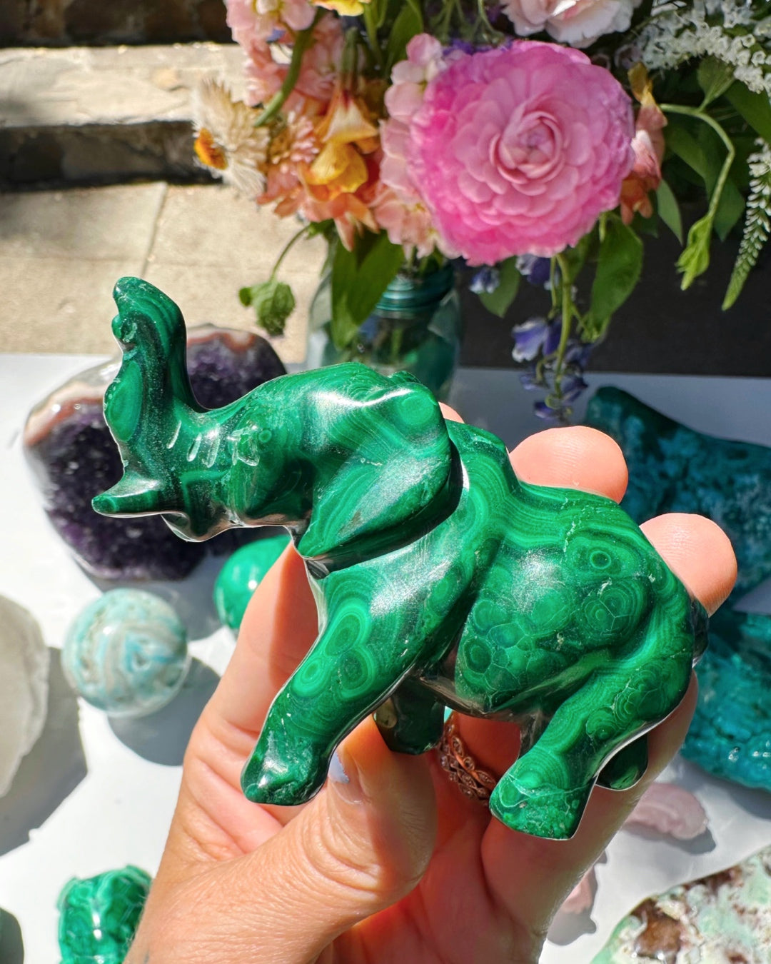 Hand Carved Malachite Elephant - Baltic Mermaid